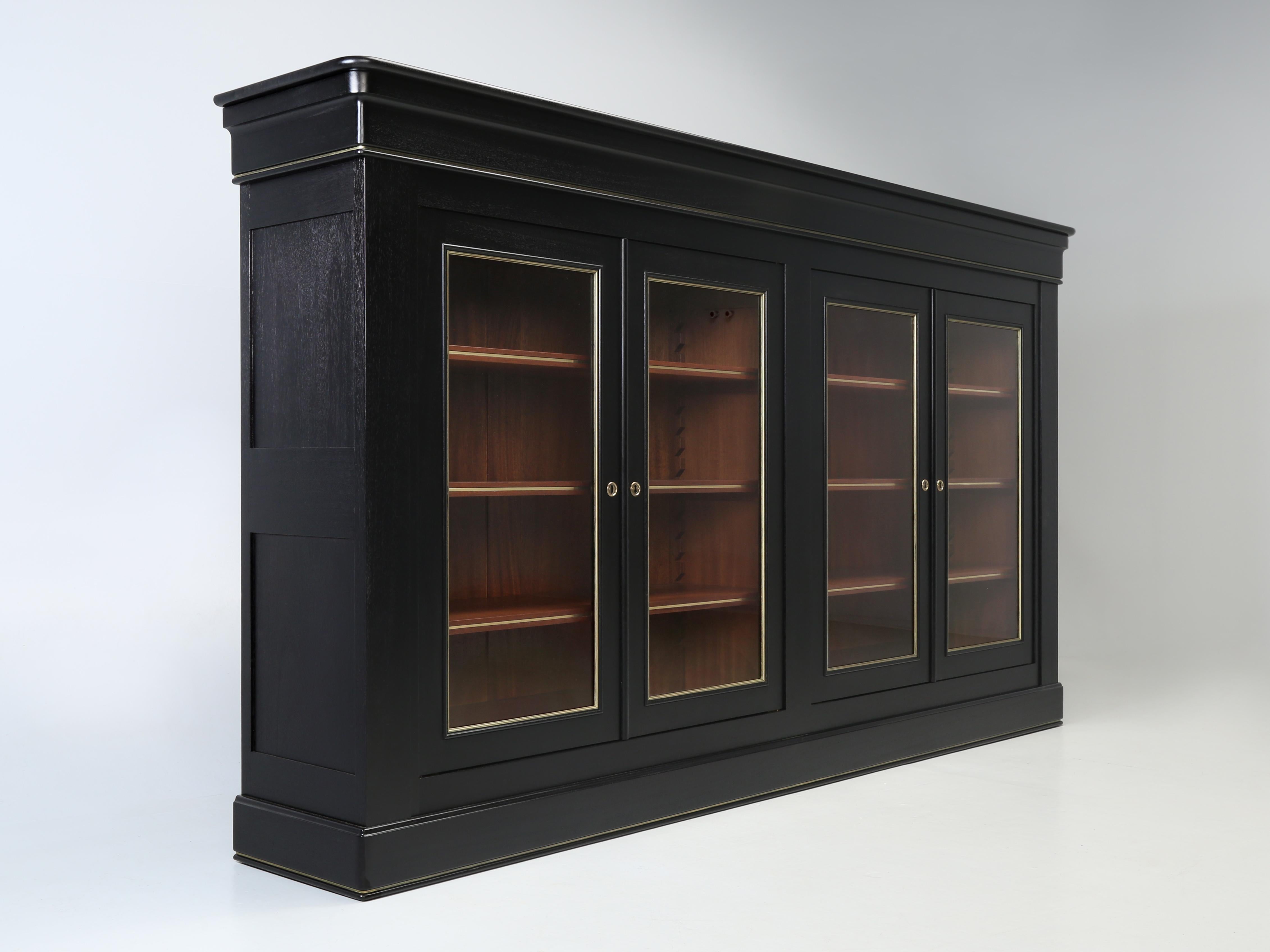 French Inspired Louis Philippe Style Ebonized Mahogany Bookcase, with completely hidden and lockable huge compartments. Our Old Plank Bookcases are custom made to order in any dimension or finish and require about 4-months to complete a build. The