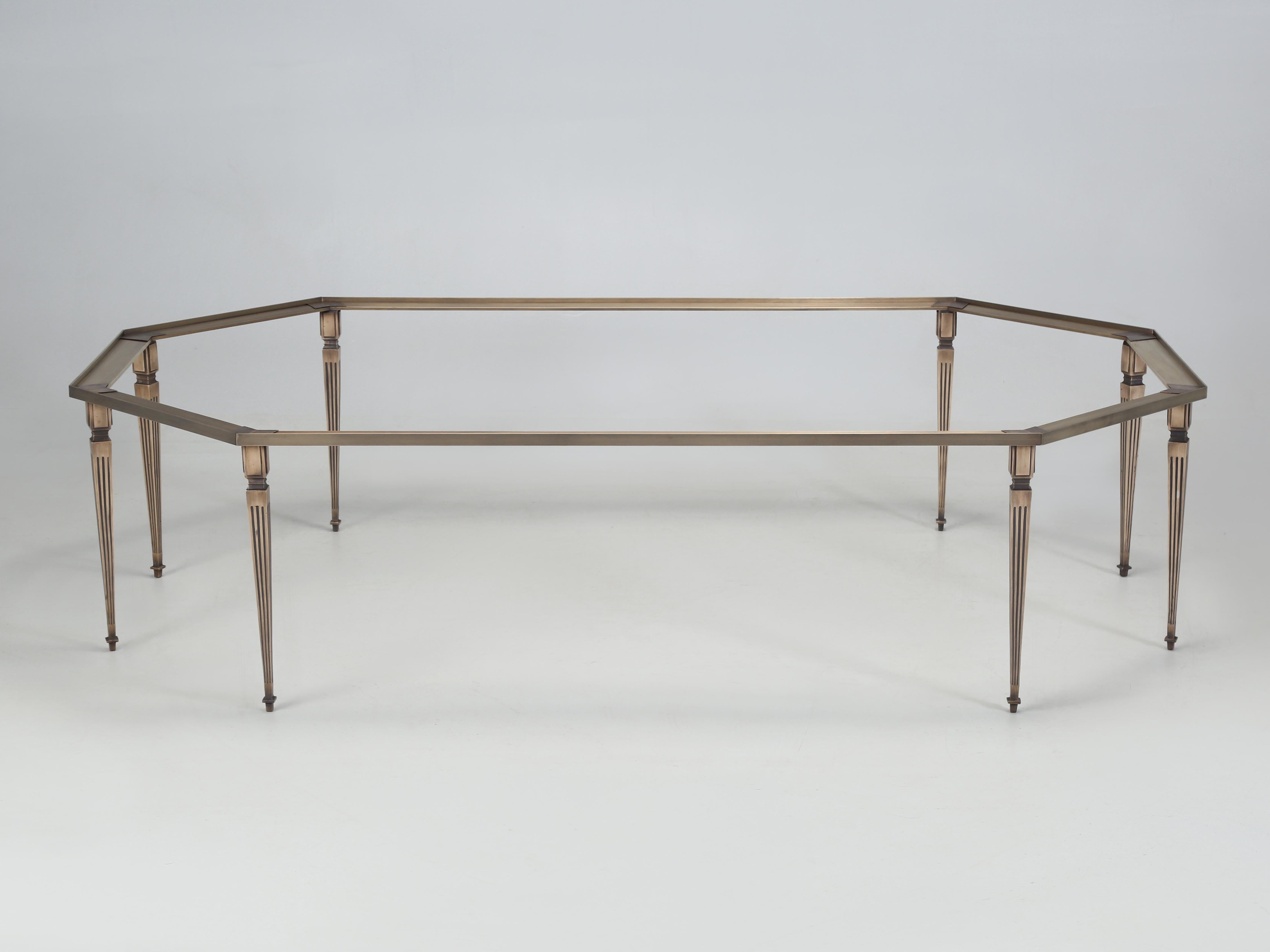 French Inspired Louis XVI Style Coffee Table made in Chicago by Old Plank. Our Bronze Louis XVI Coffee Table is available in almost any dimension and most shapes. The Louis XVI coffee table has been designed to have a glass top, simply because the