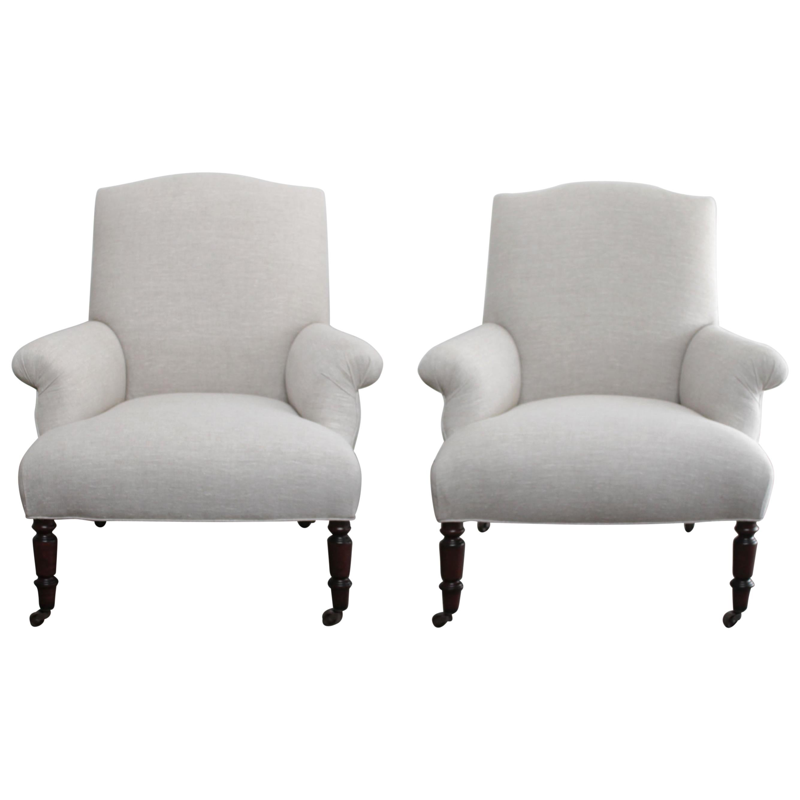 French Inspired Upholstered Linen Bergère Chairs For Sale