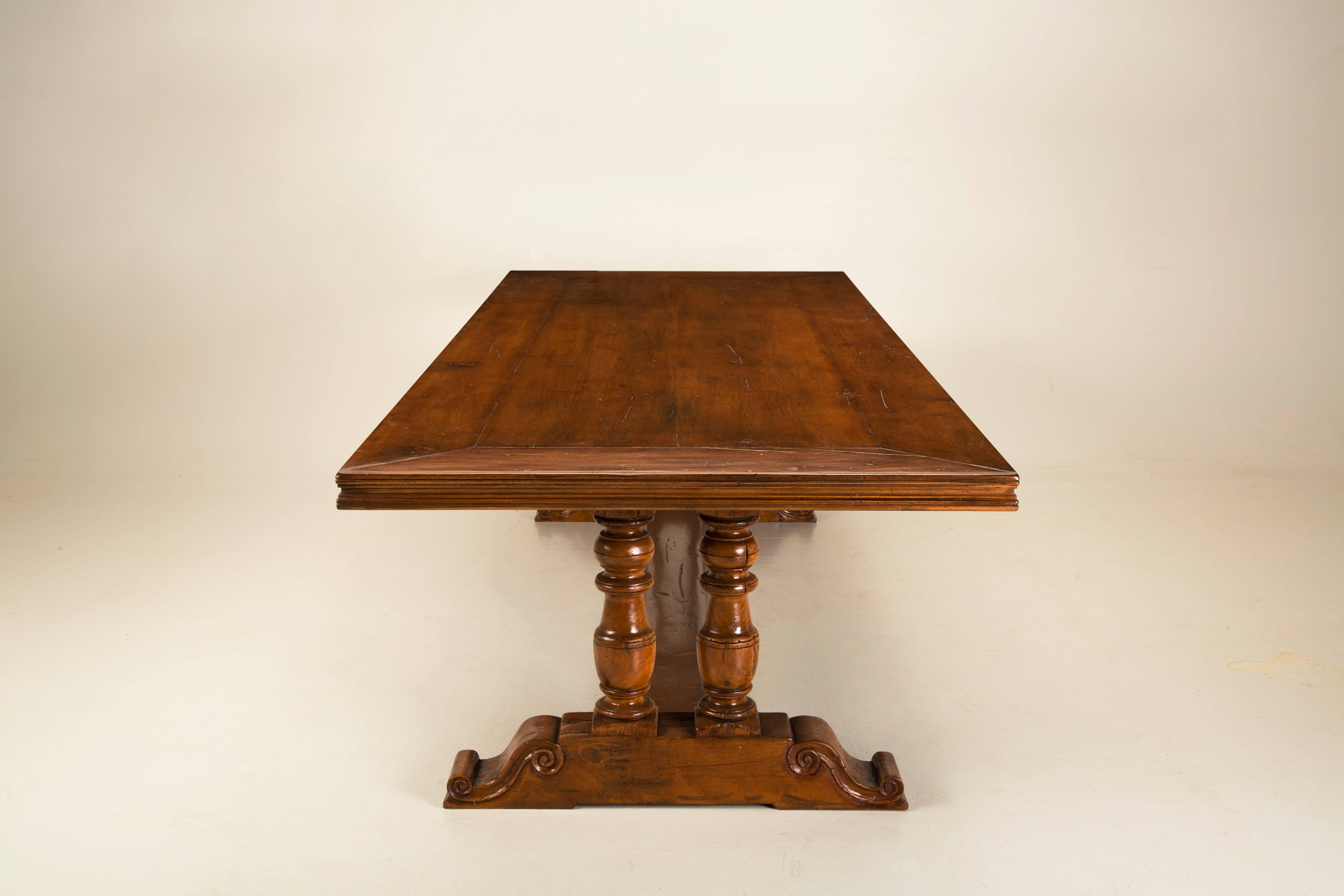 French Inspired Walnut Trestle Style Dining Table By Old Plank in Any Dimension For Sale 4