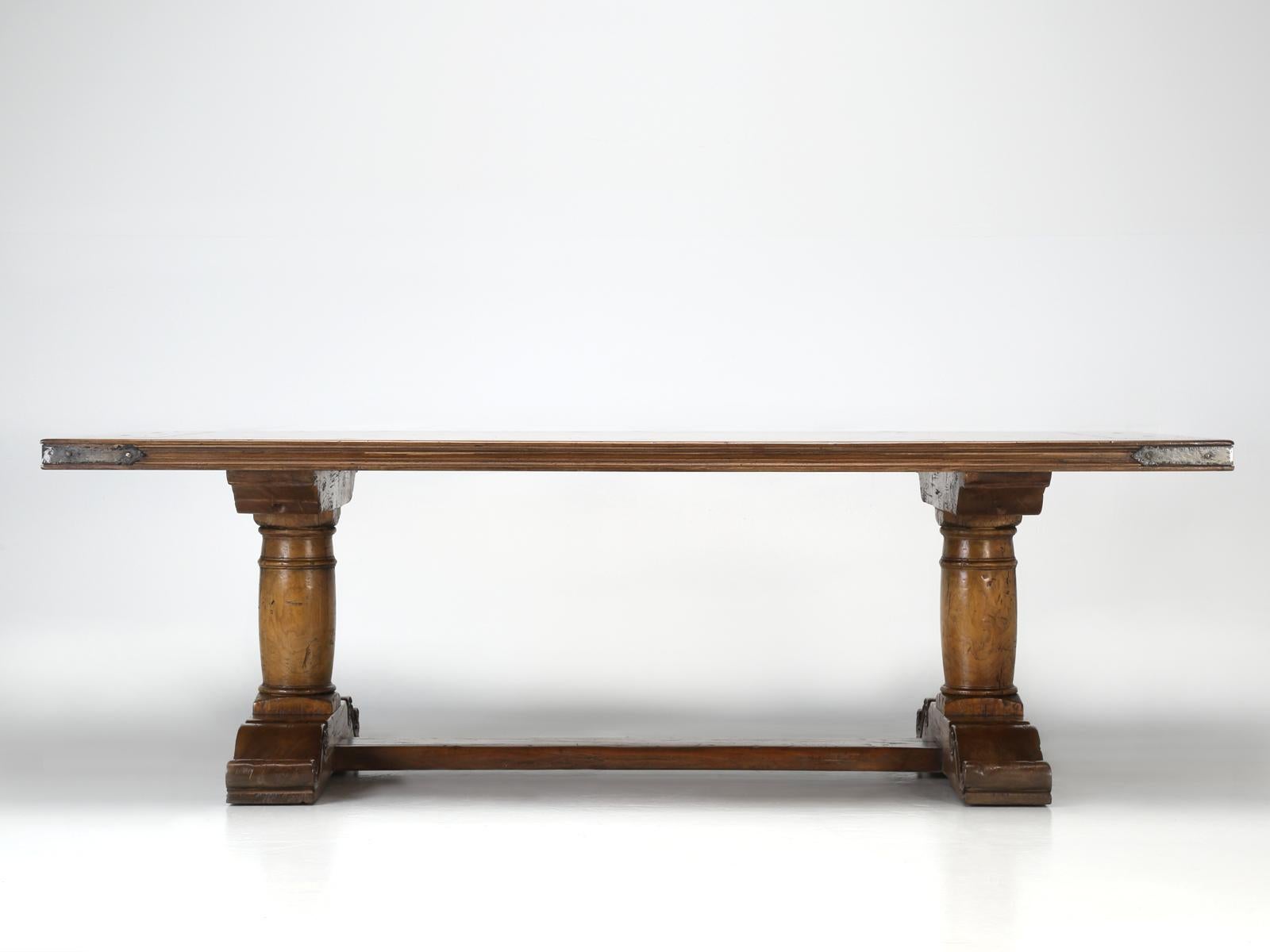 Contemporary French Inspired Reclaimed Walnut Trestle Dining Table Made Any Dimension, Finish For Sale