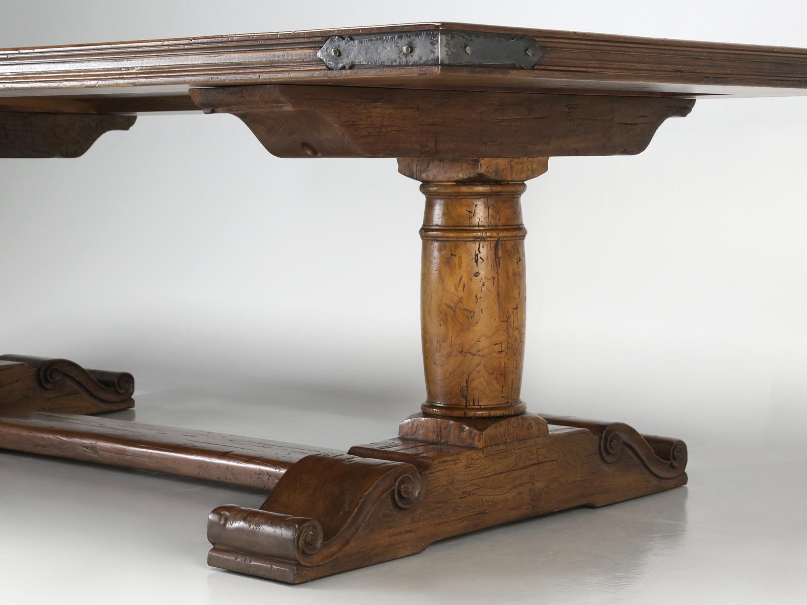 French Inspired Reclaimed Walnut Trestle Dining Table Made Any Dimension, Finish For Sale 1
