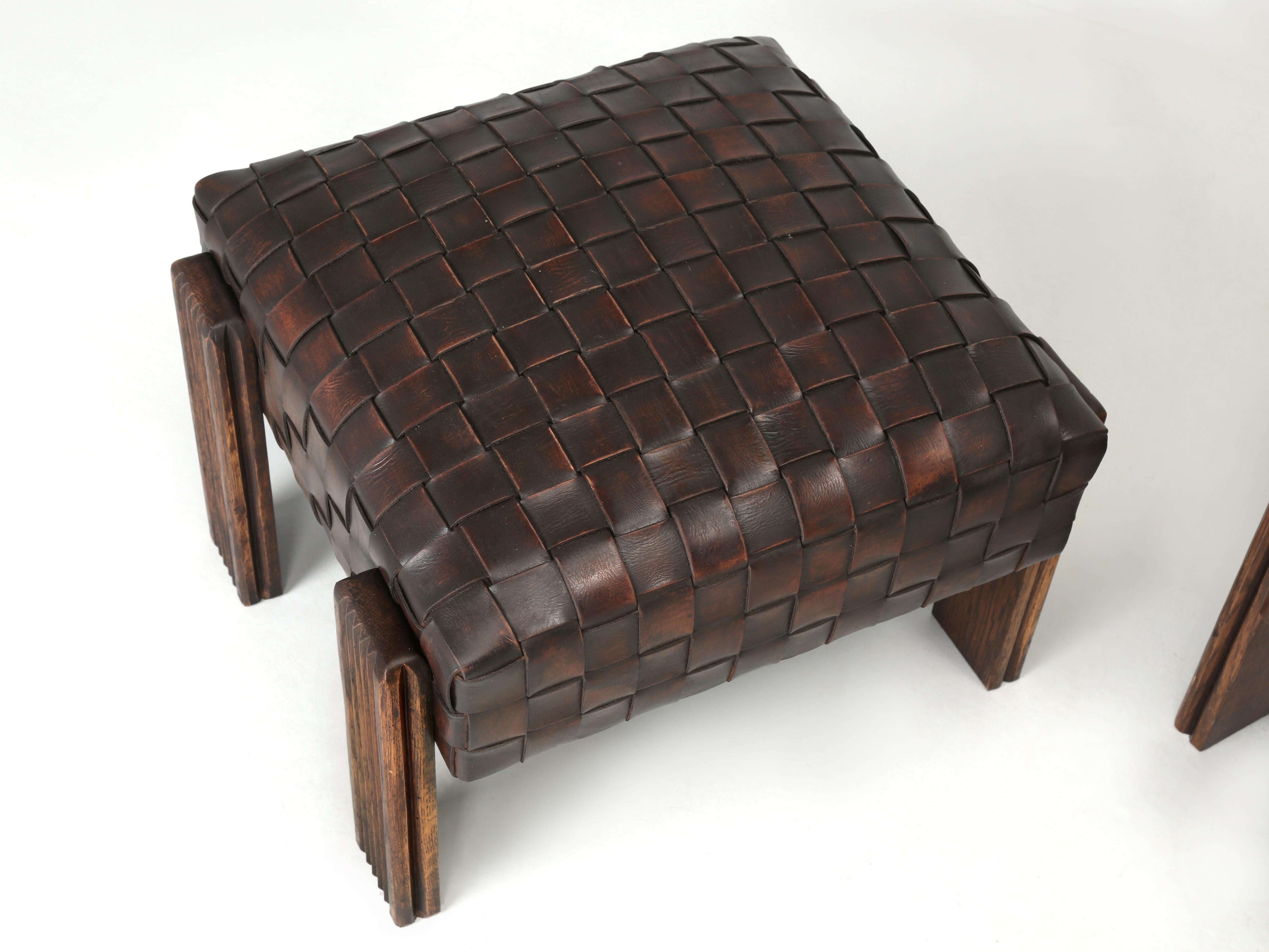 Woven Leather Ottoman of Foot Stool inspired by a pair of c1910-1920 French Woven Leather Club Chairs, that we also produce in house and offer on 1stdibs. The process to create Woven Leather Ottomans is very time consuming as one might imagine and