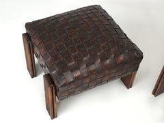 French Inspired Woven Leather and OaK Ottomans Made in Chicago by Old Plank
