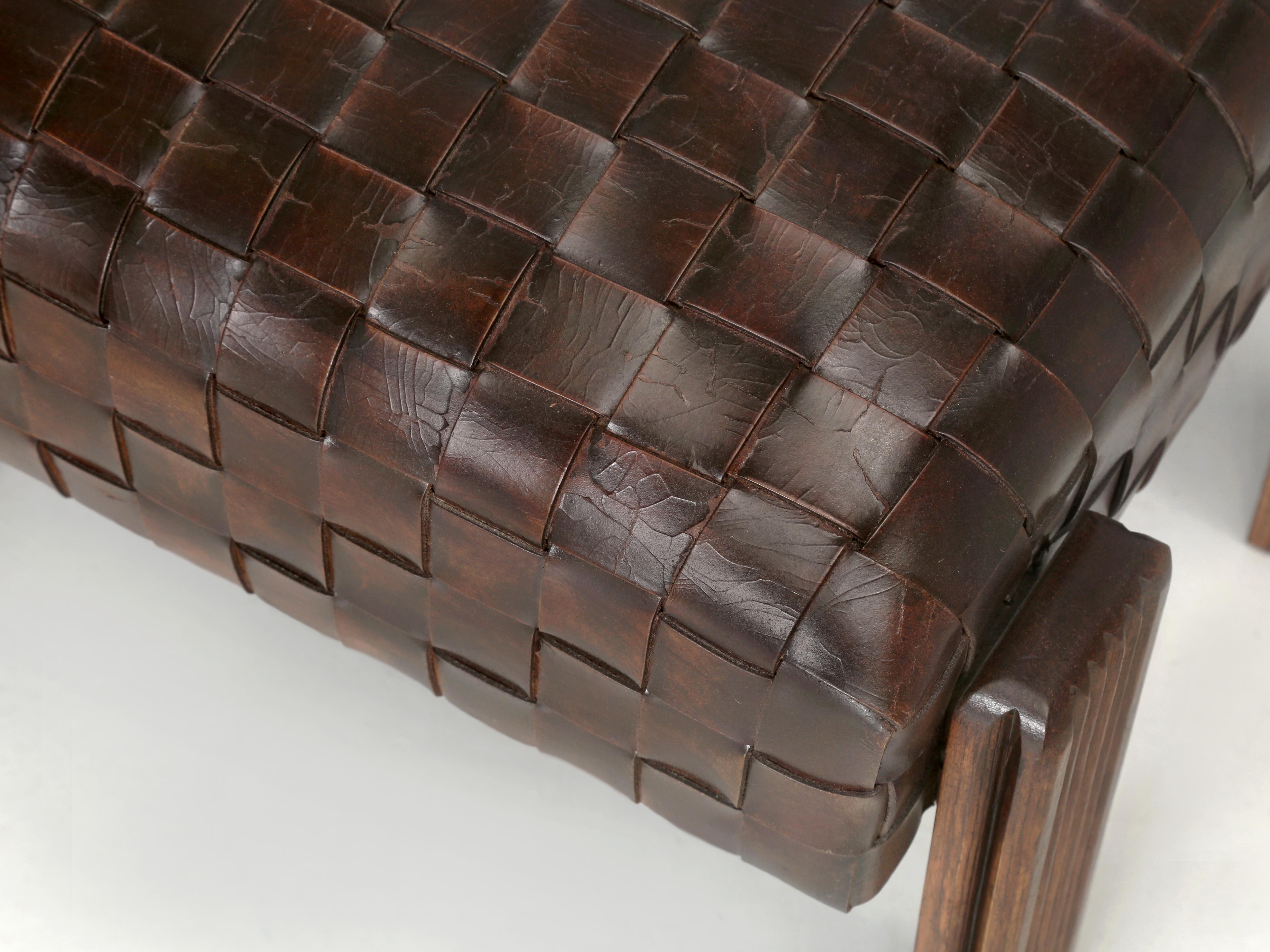 French Inspired Woven Leather Ottomans Made in House Available in Any Dimension In New Condition For Sale In Chicago, IL