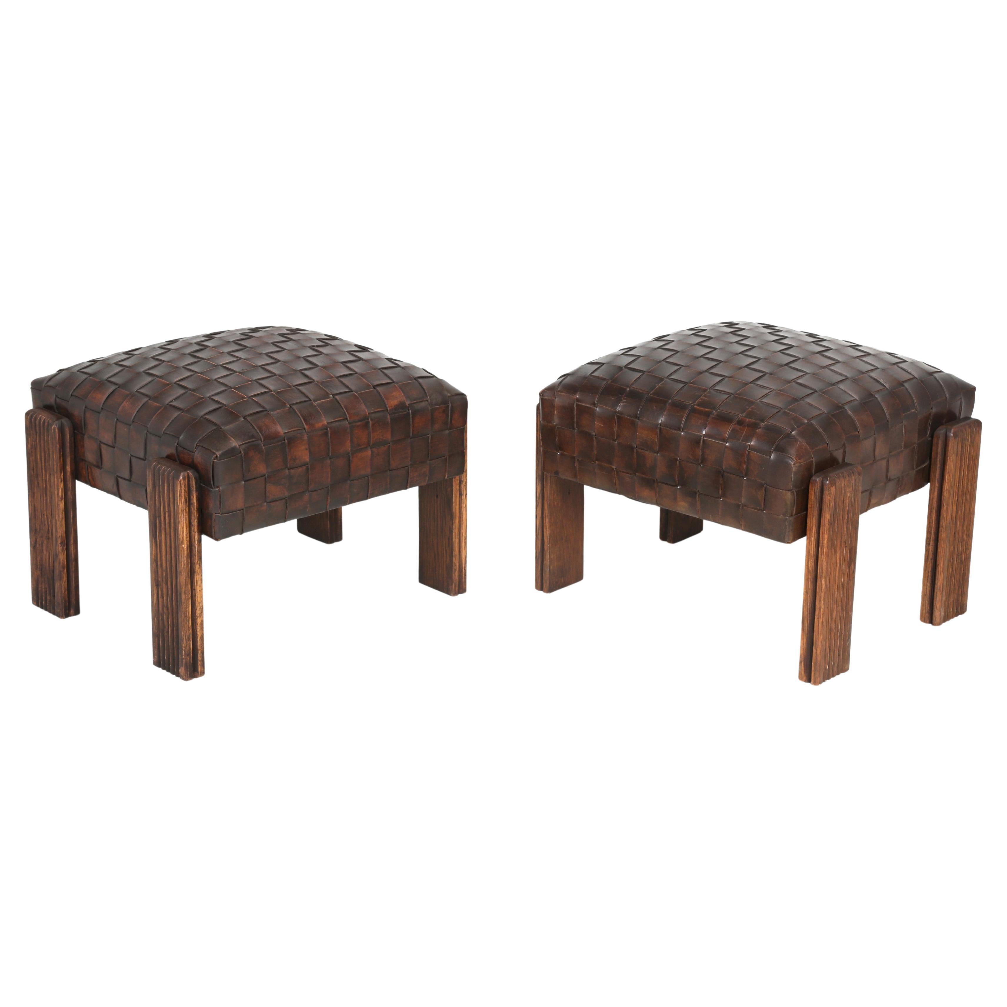 French Inspired Woven Leather Ottomans Made in House Available in Any Dimension For Sale
