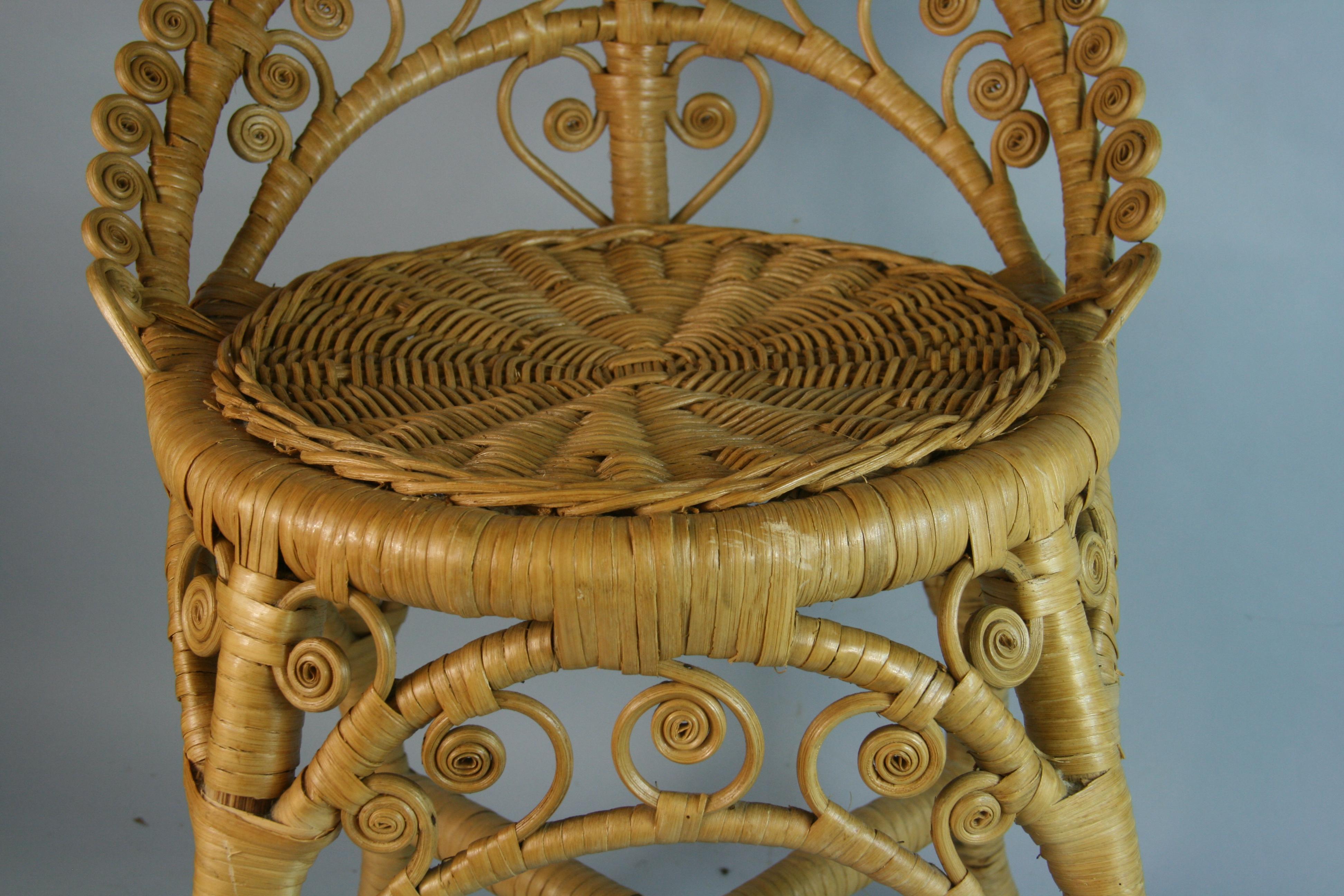 Mid-20th Century French Intricately Detailed Rattan Wicker Stool