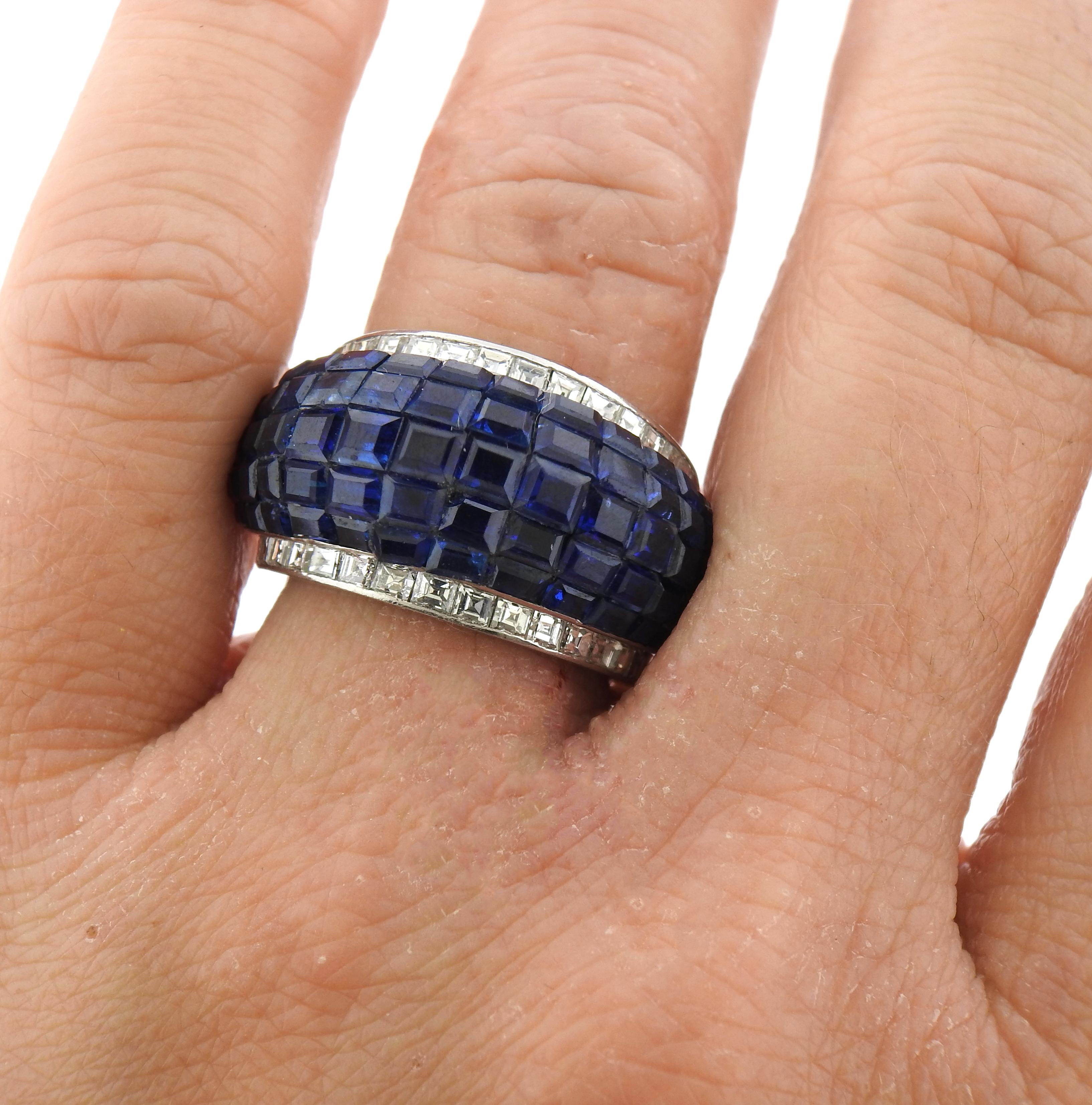 Women's French Invisible Set Sapphire Diamond Platinum Ring For Sale