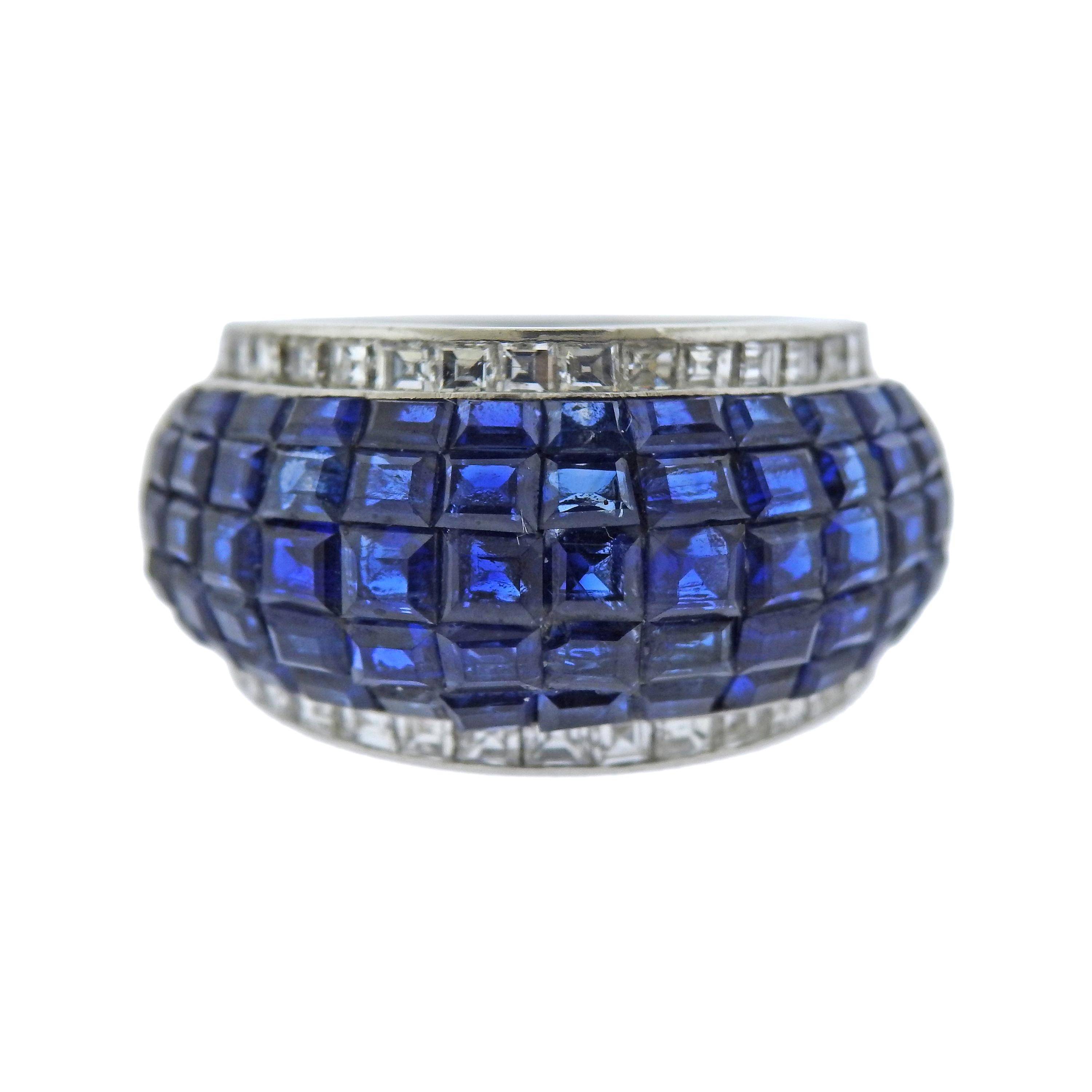 French Invisible Set Sapphire Diamond Platinum Ring For Sale