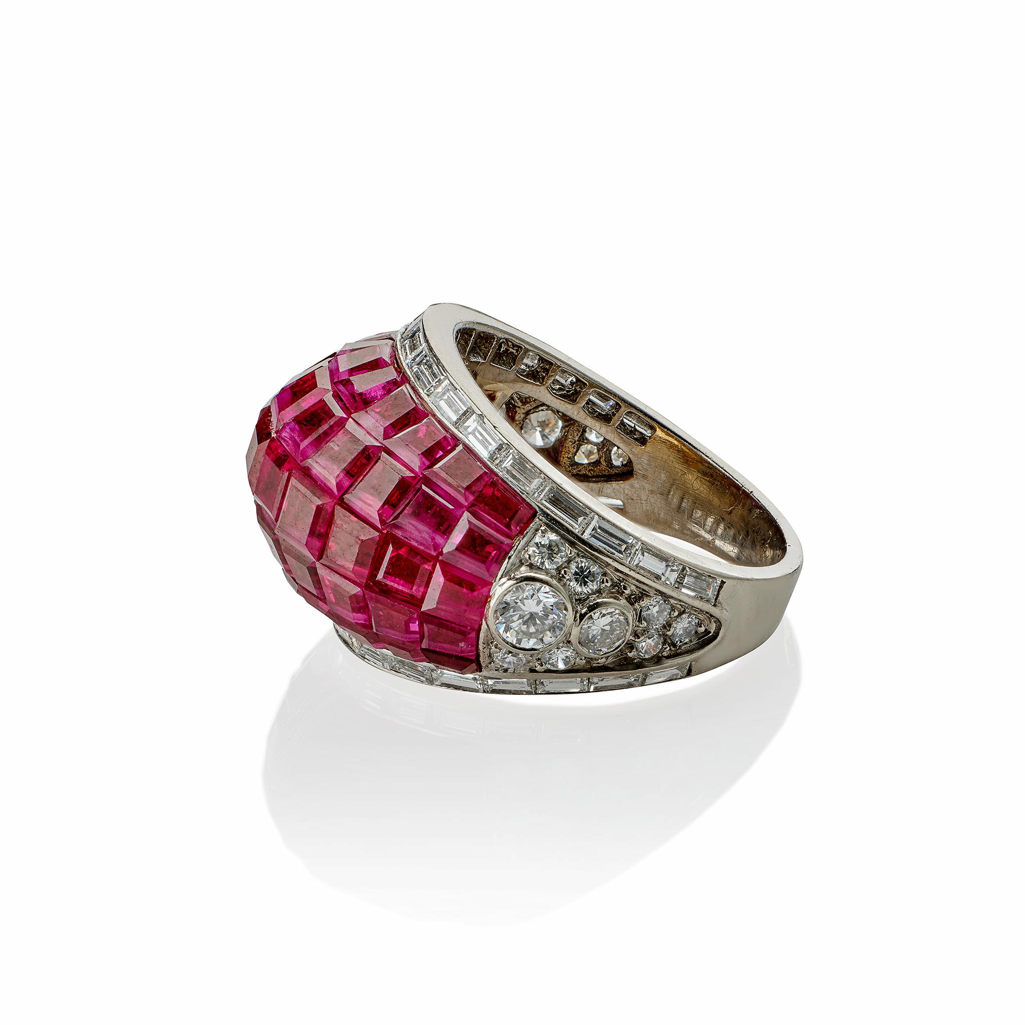 Baguette Cut French Invisibly-Set Ruby and Diamond Bombé Ring For Sale