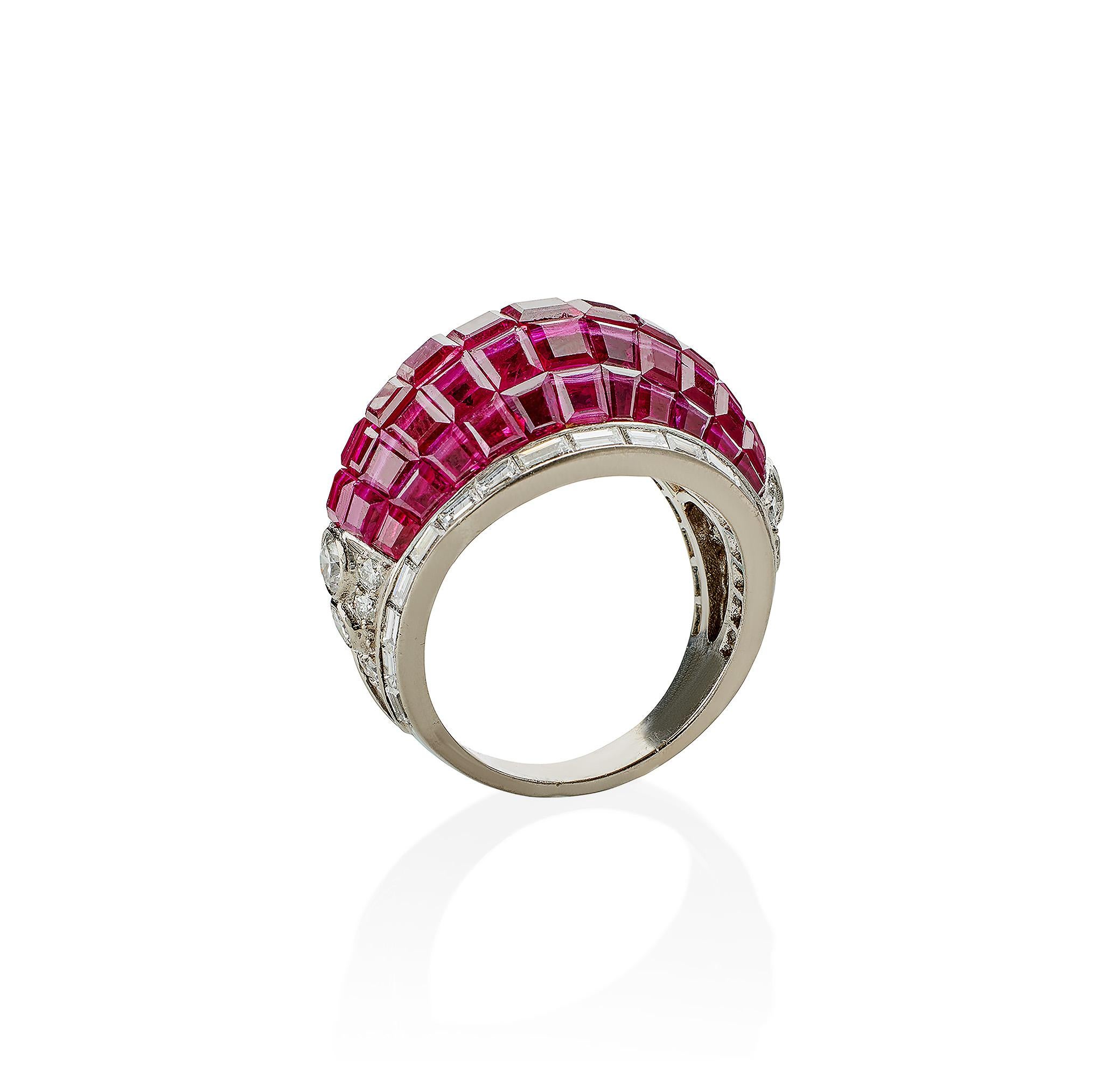 Women's or Men's French Invisibly-Set Ruby and Diamond Bombé Ring For Sale