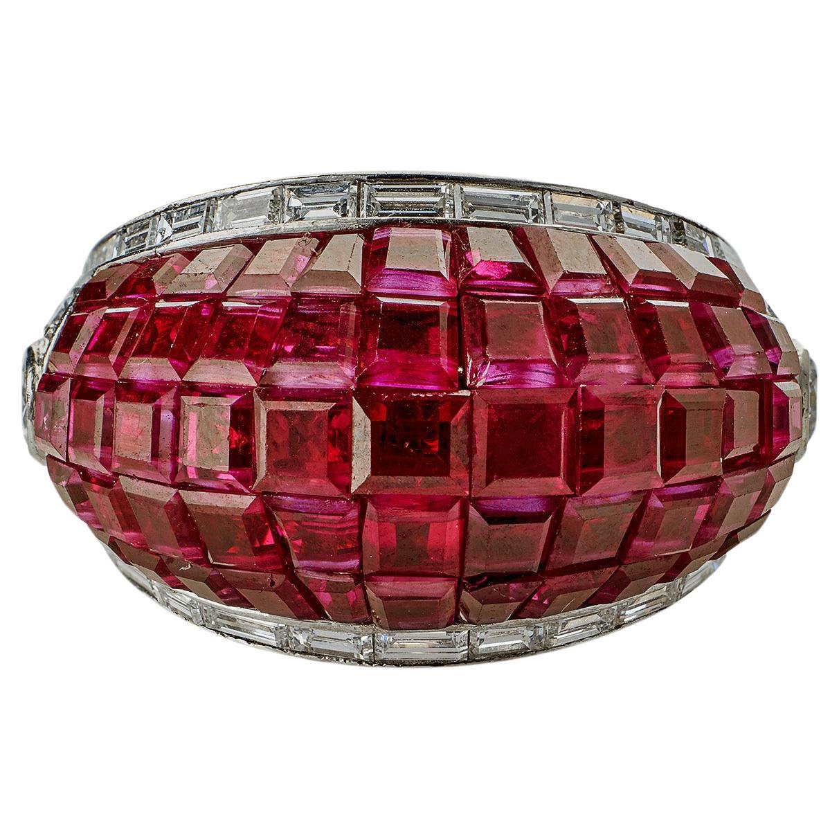 French Invisibly-Set Ruby and Diamond Bombé Ring