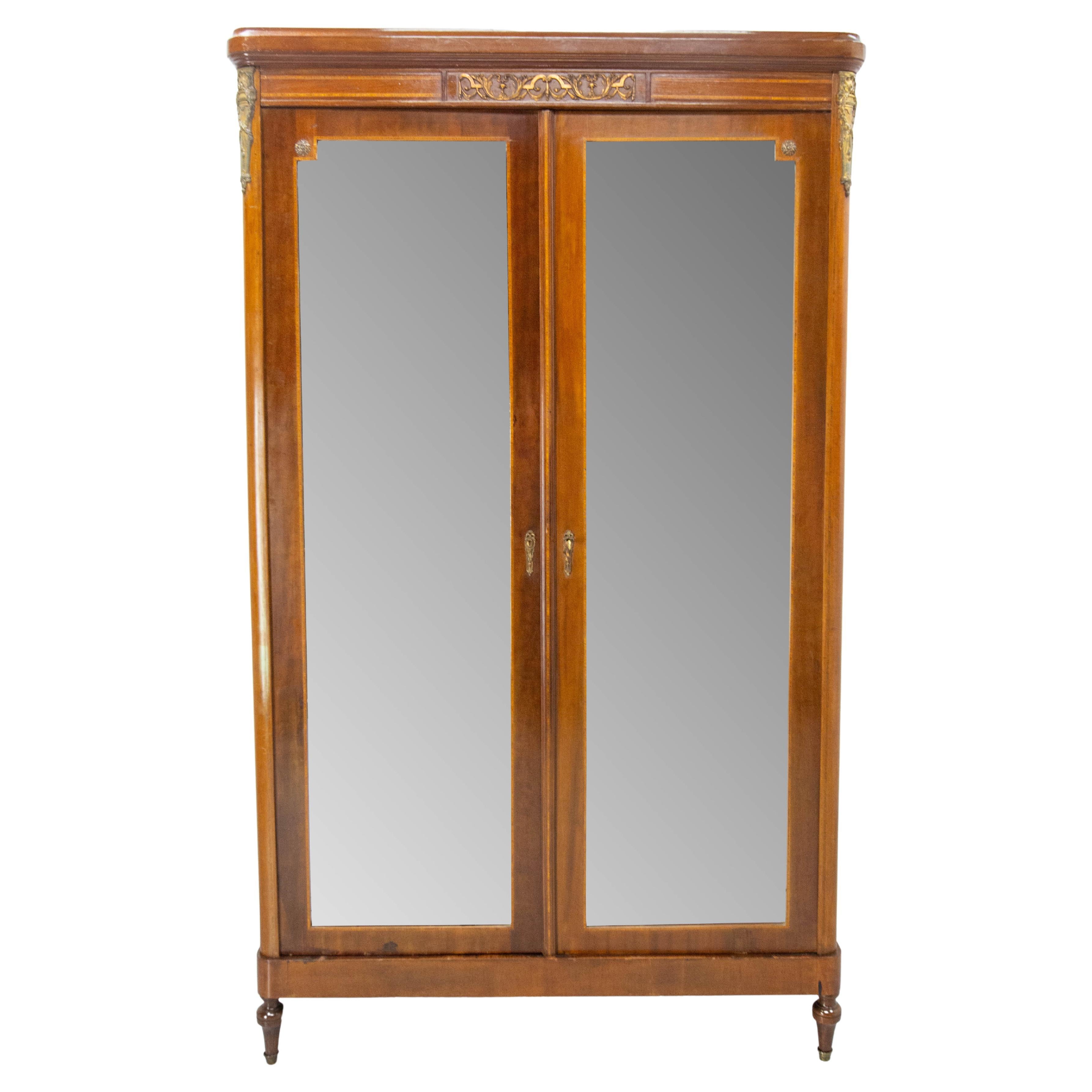 French Iroko & Brass Armoire Beveled Mirrors in the Louis 16 Revival Style, 1900 For Sale