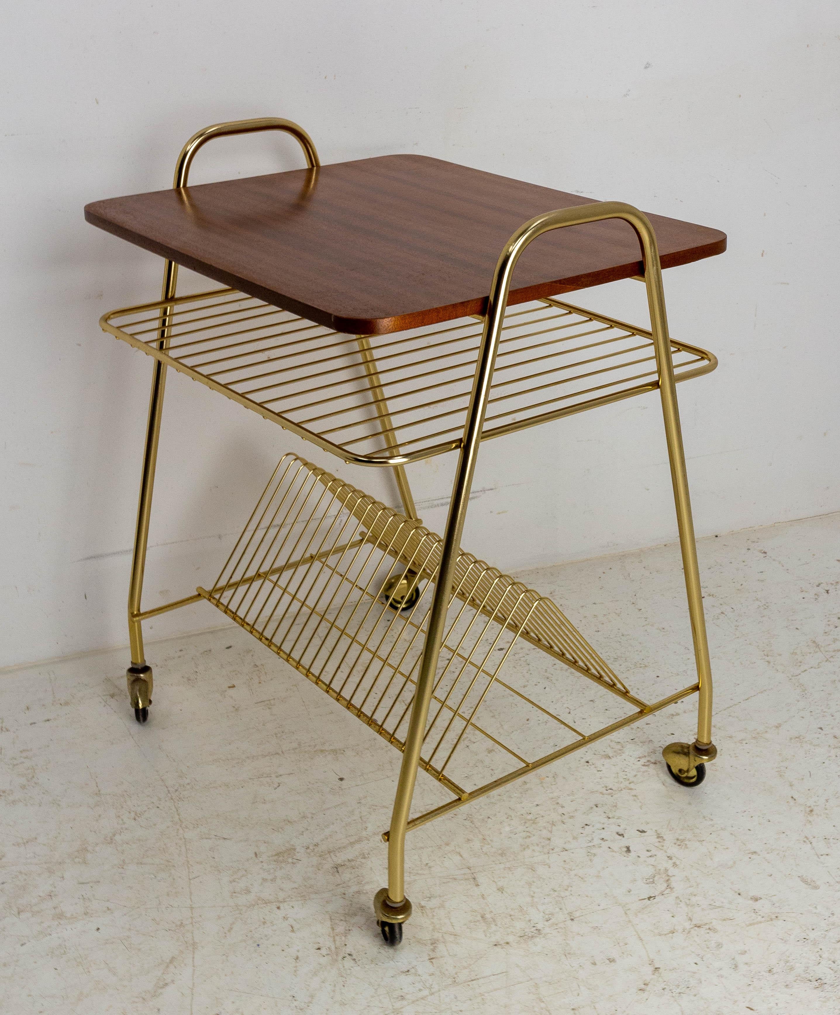 Mid-Century Modern French Iroko Golden Chrome Table Trolley Console Desserte with Wheels, 1960 For Sale