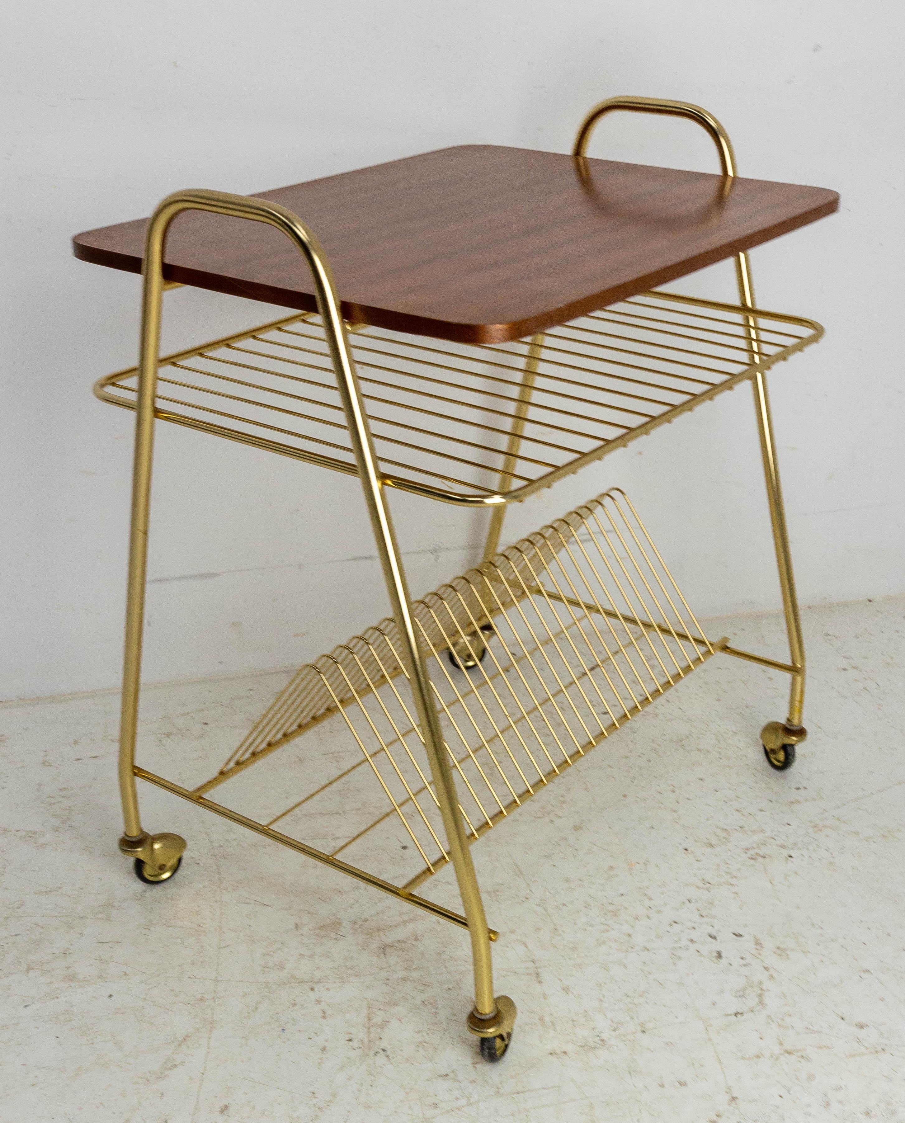 French Iroko Golden Chrome Table Trolley Console Desserte with Wheels, 1960 In Good Condition For Sale In Labrit, Landes
