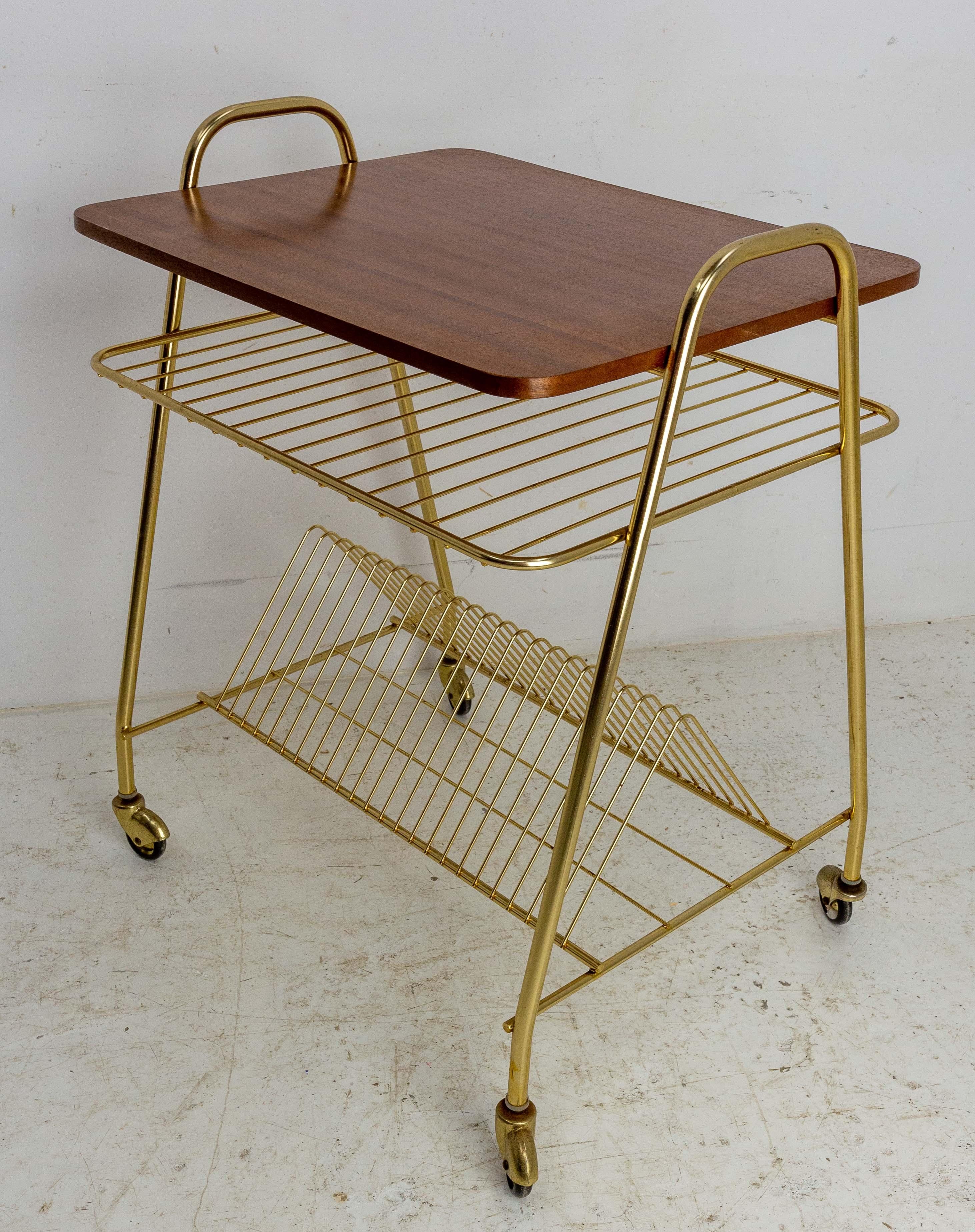 20th Century French Iroko Golden Chrome Table Trolley Console Desserte with Wheels, 1960 For Sale