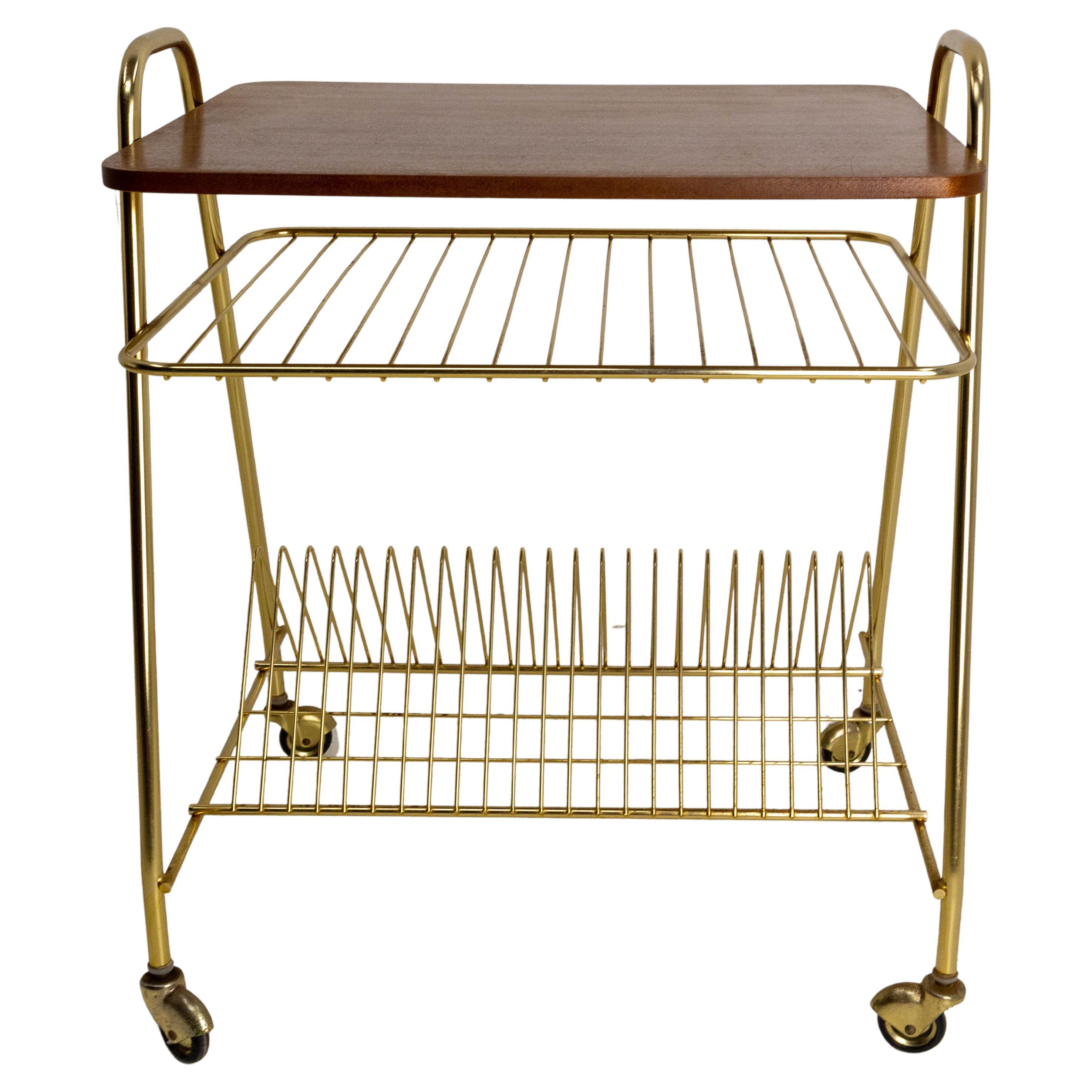 French Iroko Golden Chrome Table Trolley Console Desserte with Wheels, 1960 For Sale