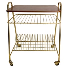 French Iroko Golden Chrome Table Trolley Console Desserte with Wheels, 1960