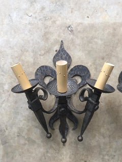 Pair of Fleur-de-Lys French Iron 3-Arm Sconces