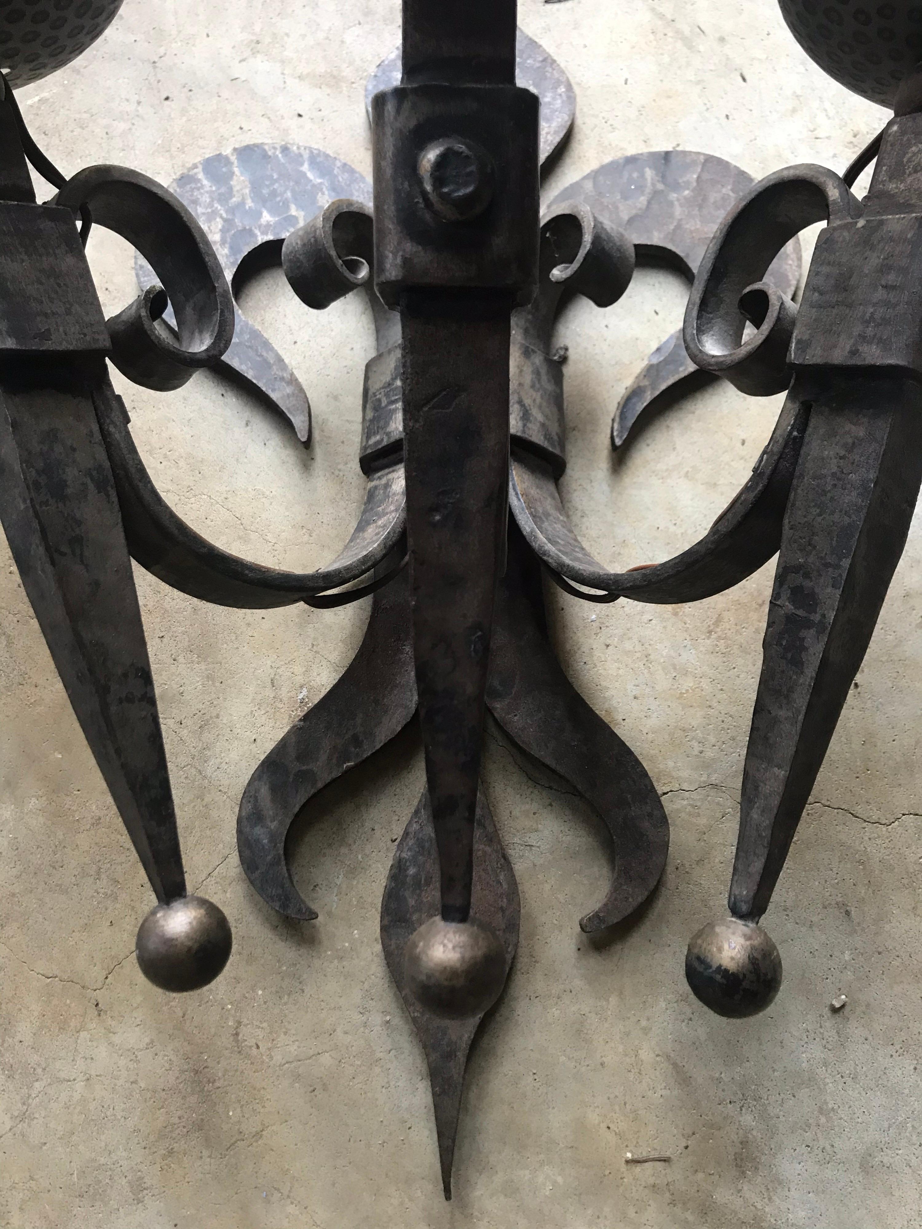 Pair of Fleur-de-Lys French Iron 3-Arm Sconces In Good Condition For Sale In Livingston, NJ