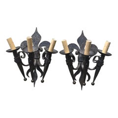 Pair of Fleur-de-Lys French Iron 3-Arm Sconces