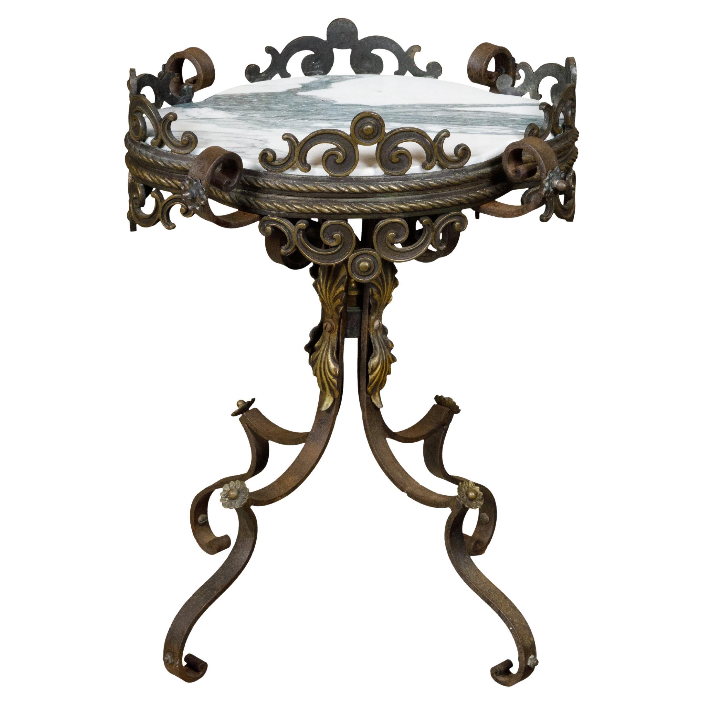 French Iron and Brass Guéridon Table with Quatrefoil Inspired Marble Top