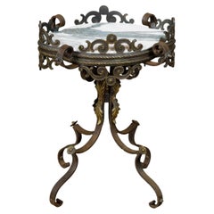 Antique French Iron and Brass Guéridon Table with Quatrefoil Inspired Marble Top