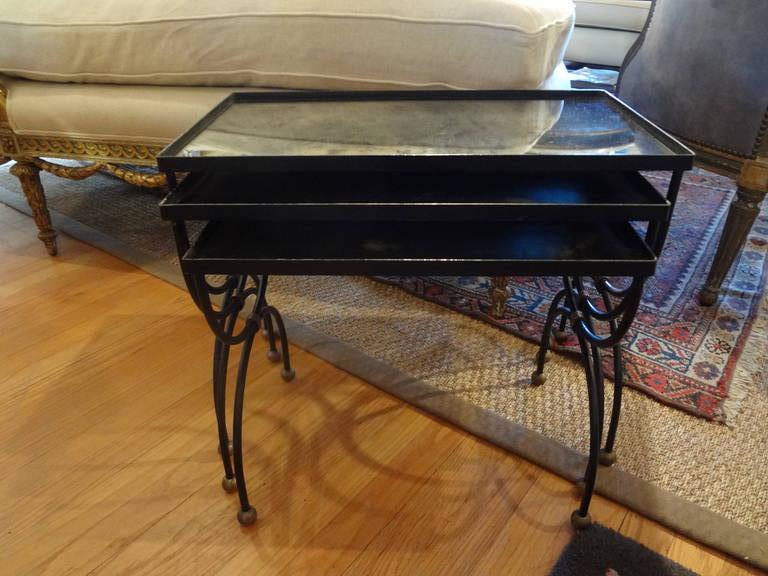 Mid-Century Modern French Iron and Brass Nesting Tables with Mirrored Tops For Sale