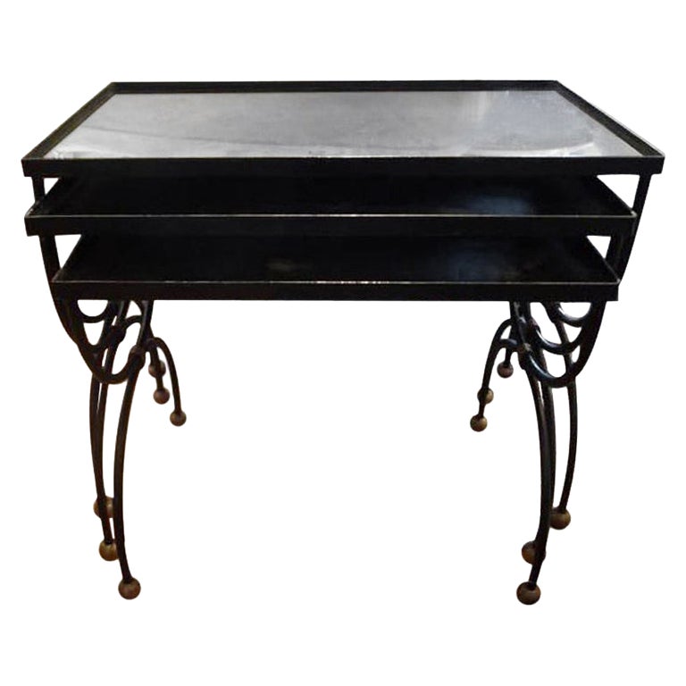 French Iron and Brass Nesting Tables with Mirrored Tops