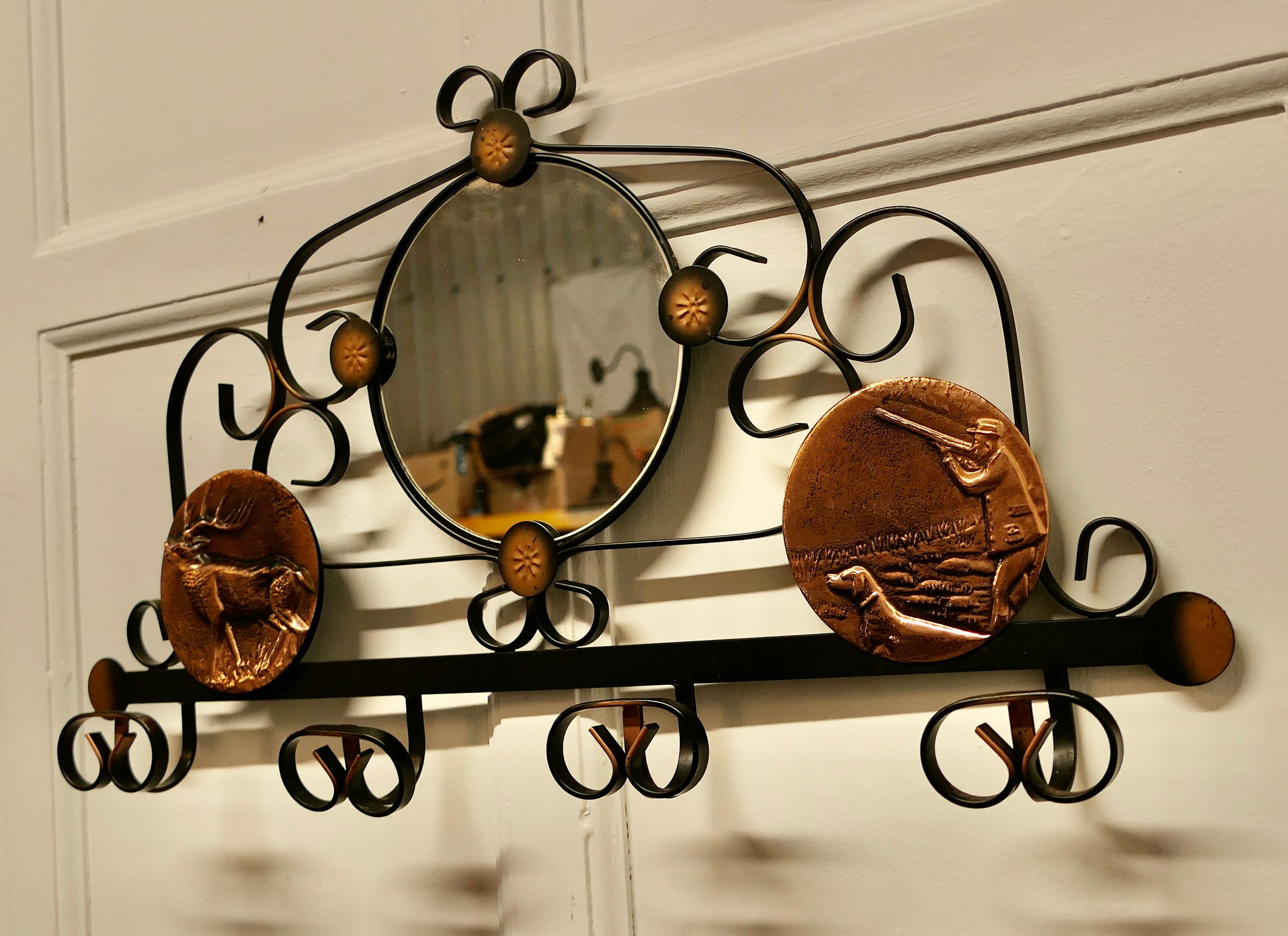 French Iron and Copper Hall Coat Hooks with Mirror In Good Condition For Sale In Chillerton, Isle of Wight