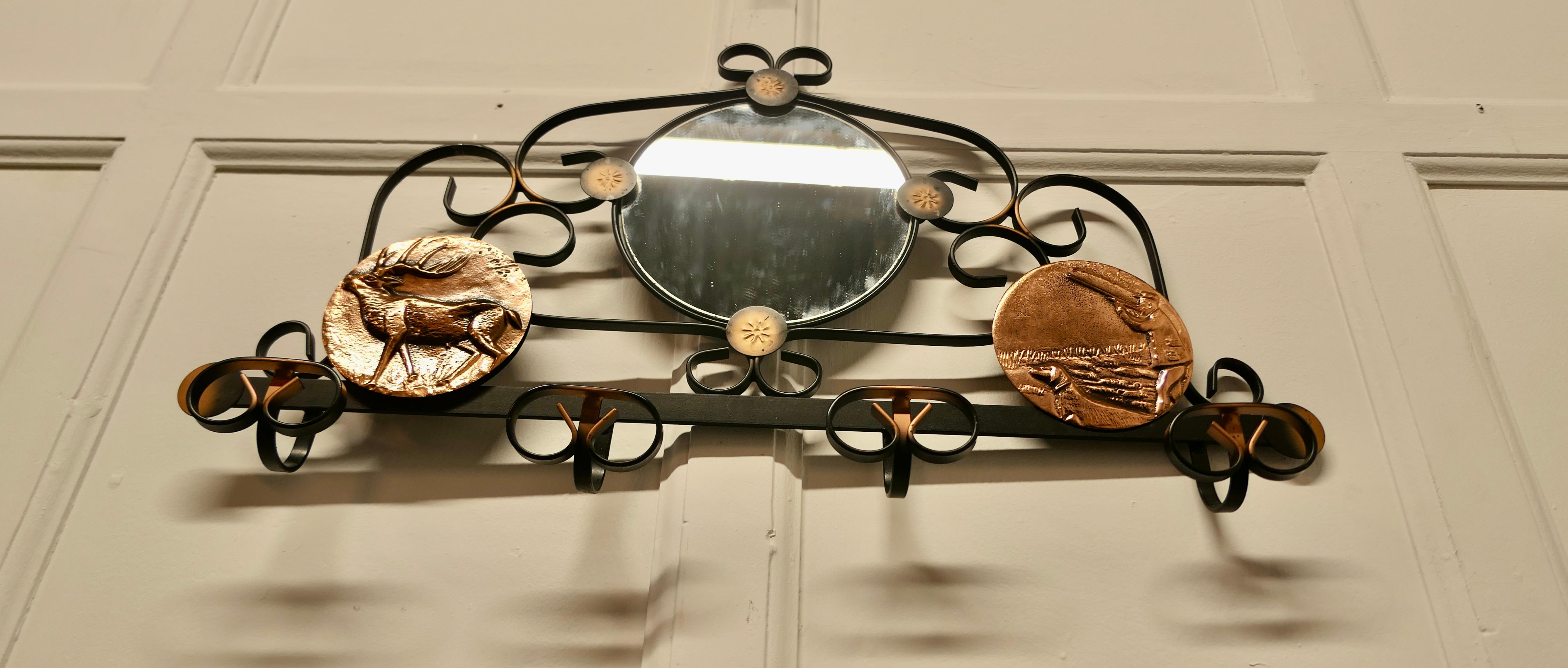 20th Century French Iron and Copper Hall Coat Hooks with Mirror For Sale