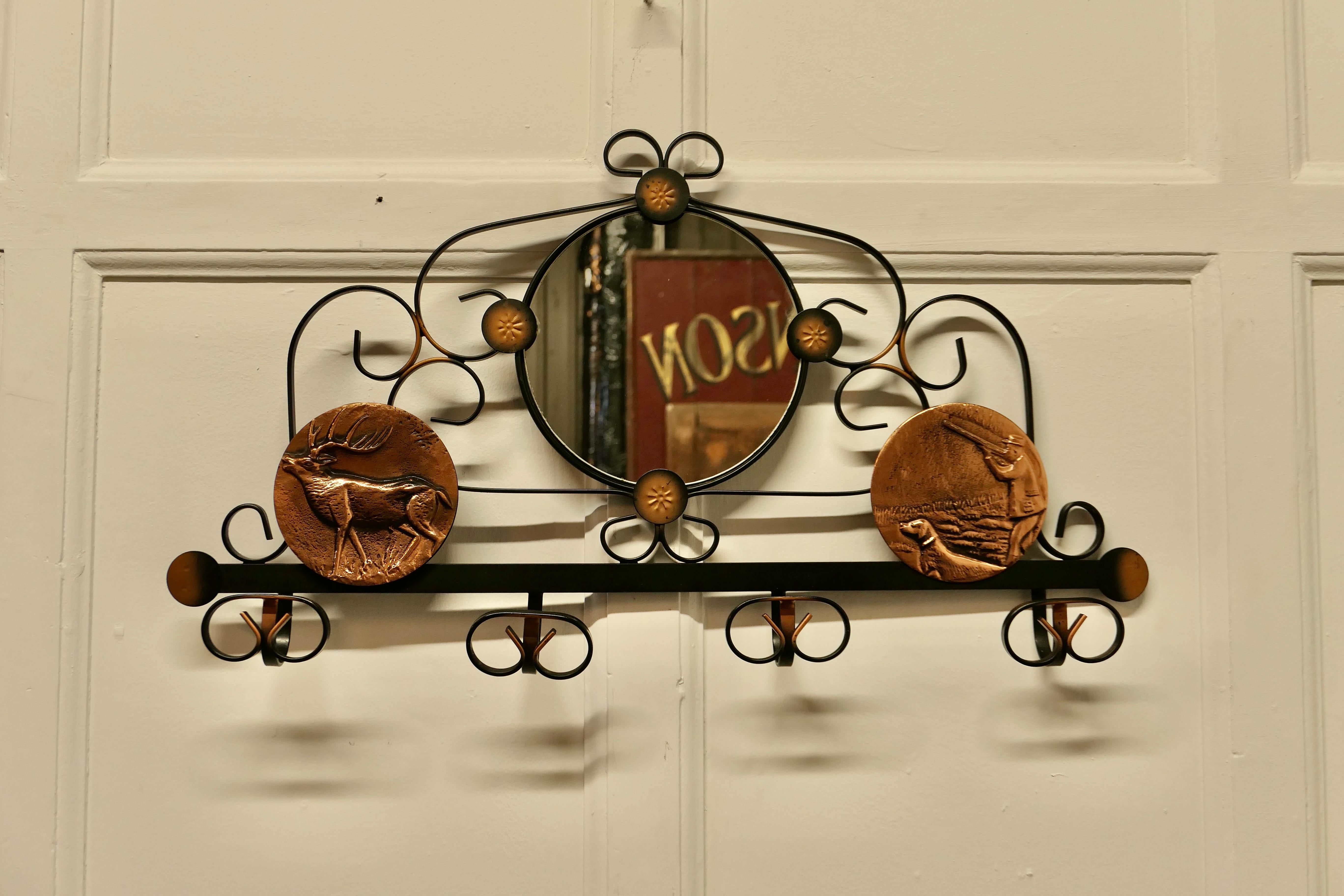 French Iron and Copper Hall Coat Hooks with Mirror For Sale 1