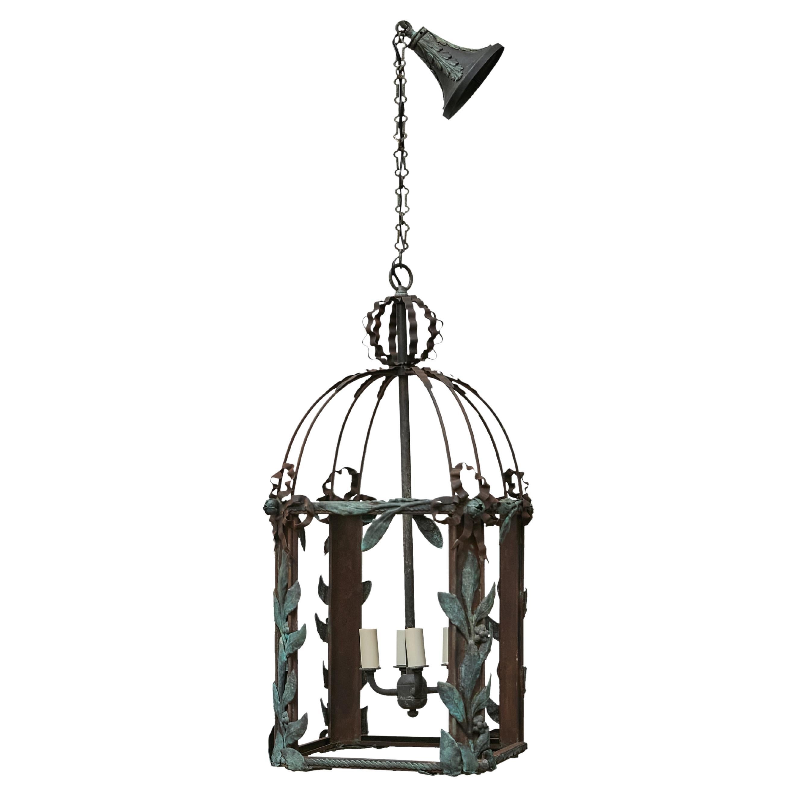 French Iron and Copper Lantern with Verdigris Leaves, circa 1920 - US Wired