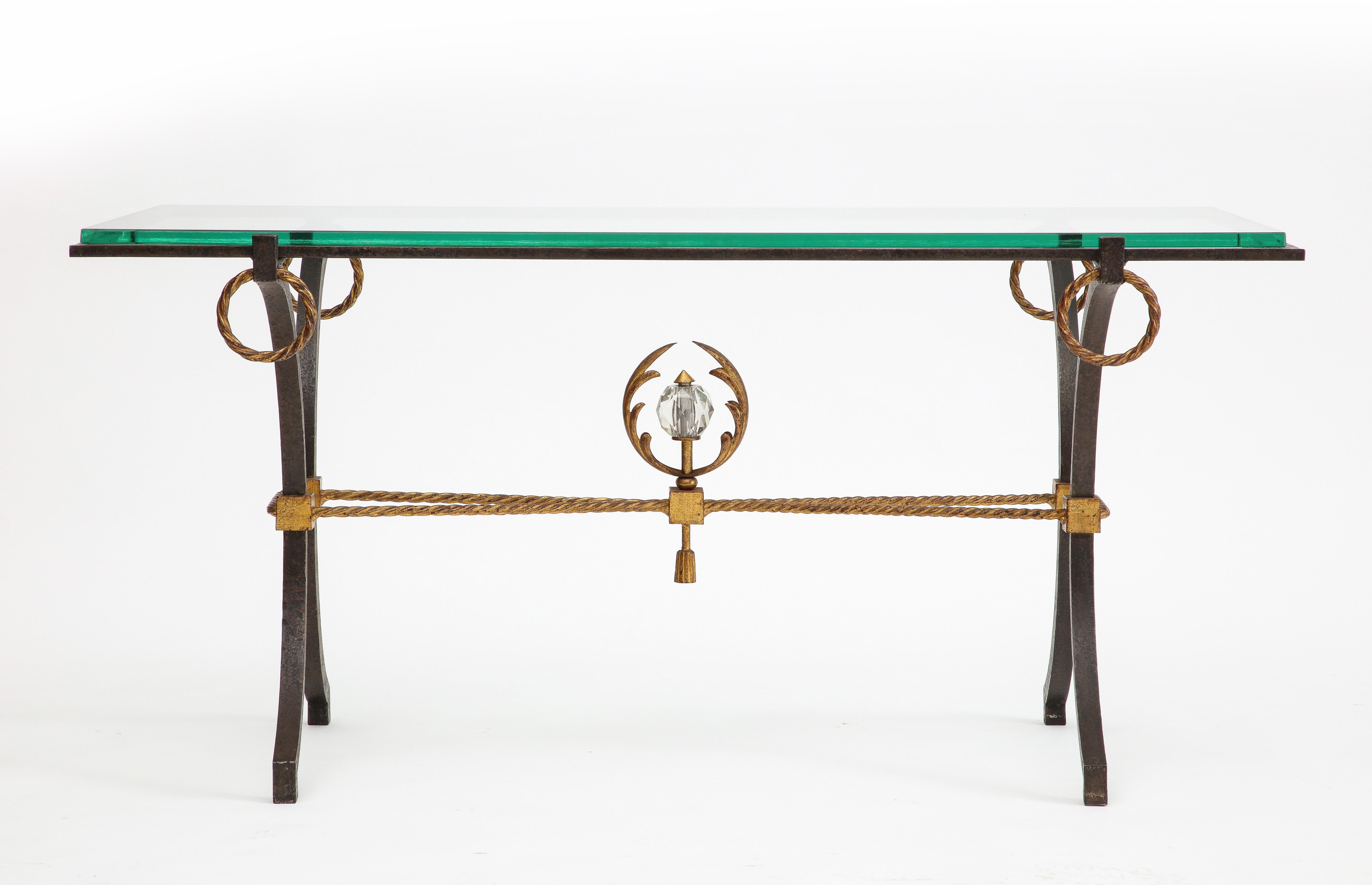 Bronze French Iron and Gilt Coffee Table, in the Style of Poillerat, C. 1940 For Sale