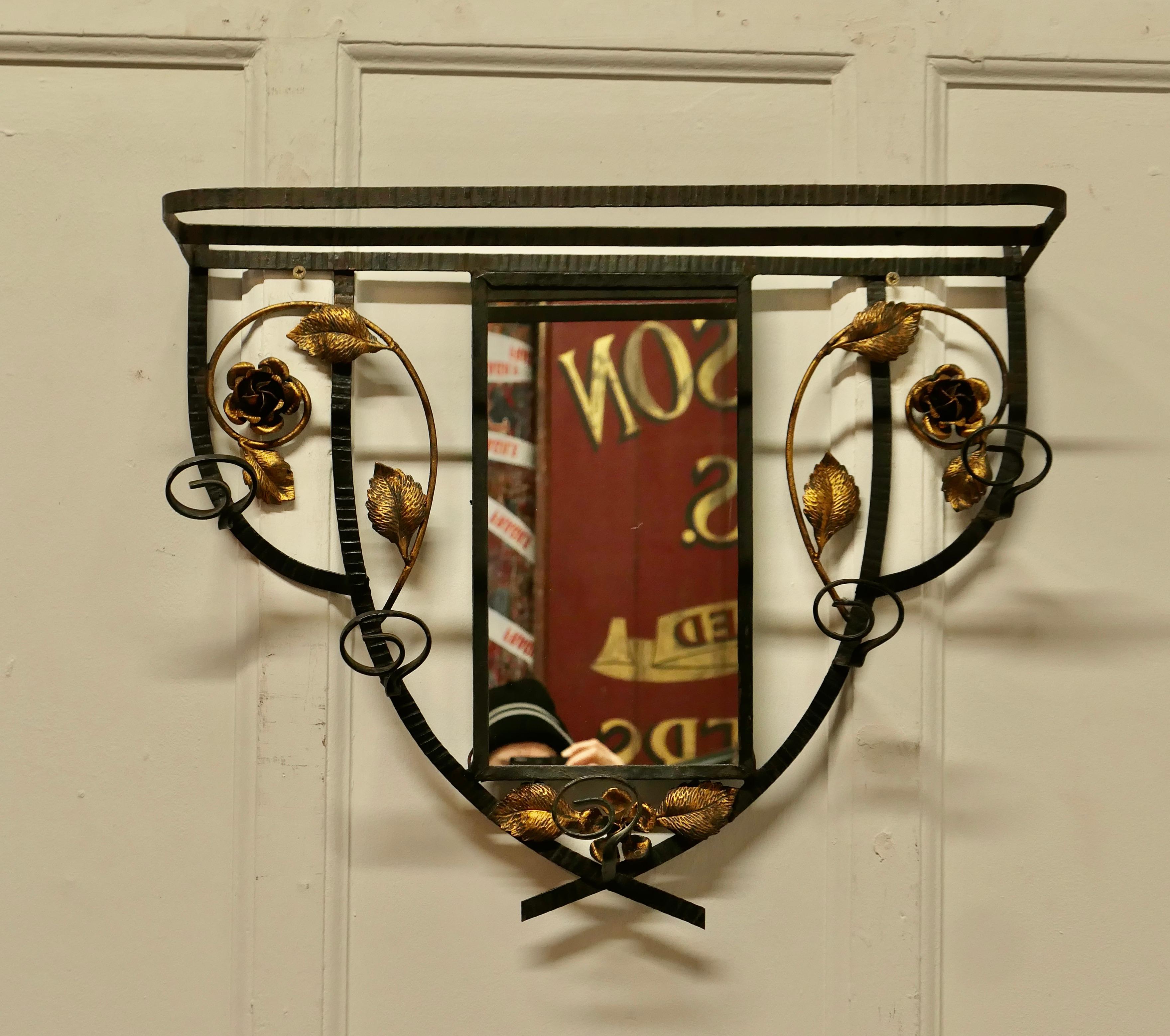 Arts and Crafts French Iron and Gilt Hall Coat Hooks with Mirror    