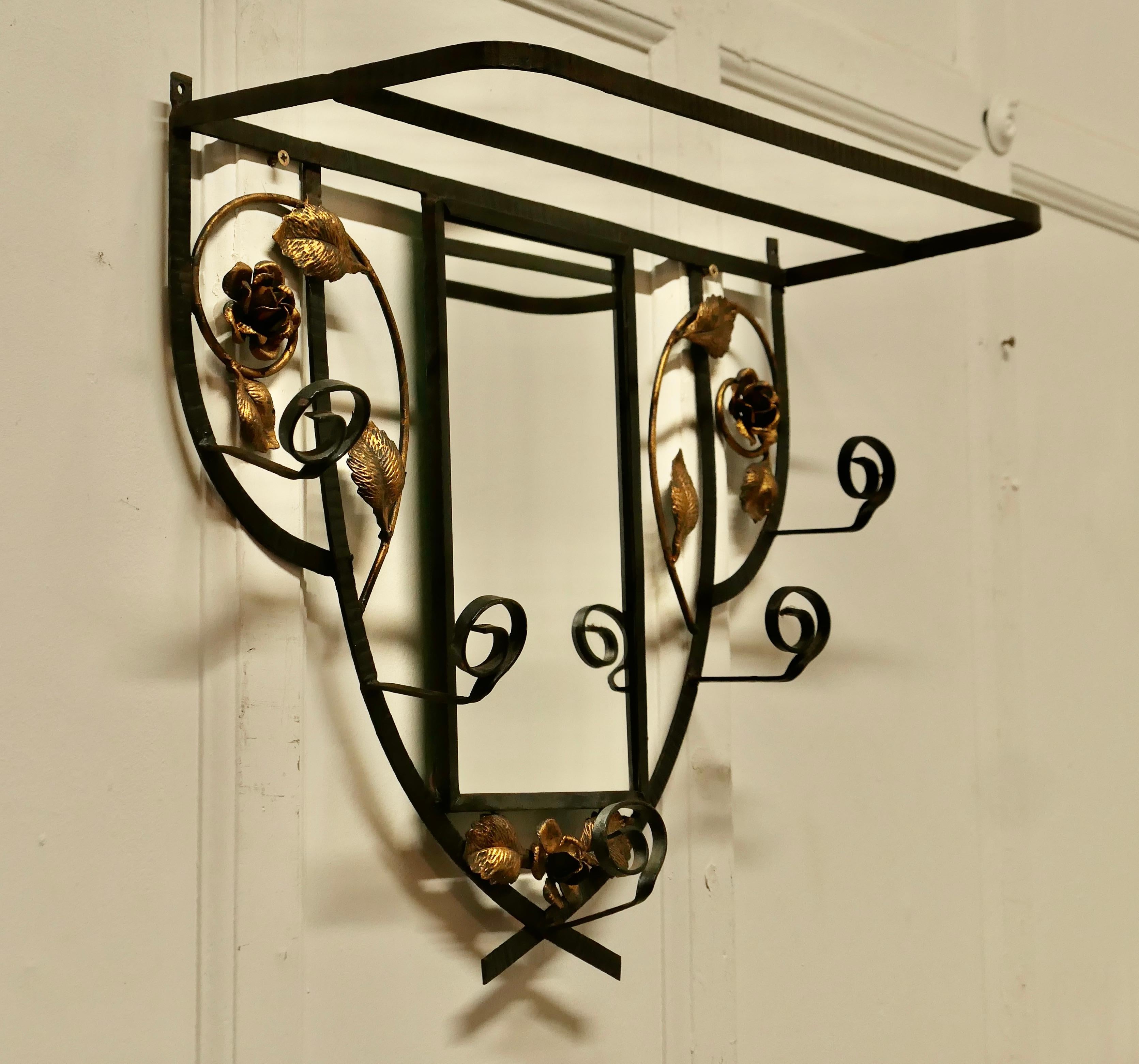 Mid-20th Century French Iron and Gilt Hall Coat Hooks with Mirror    