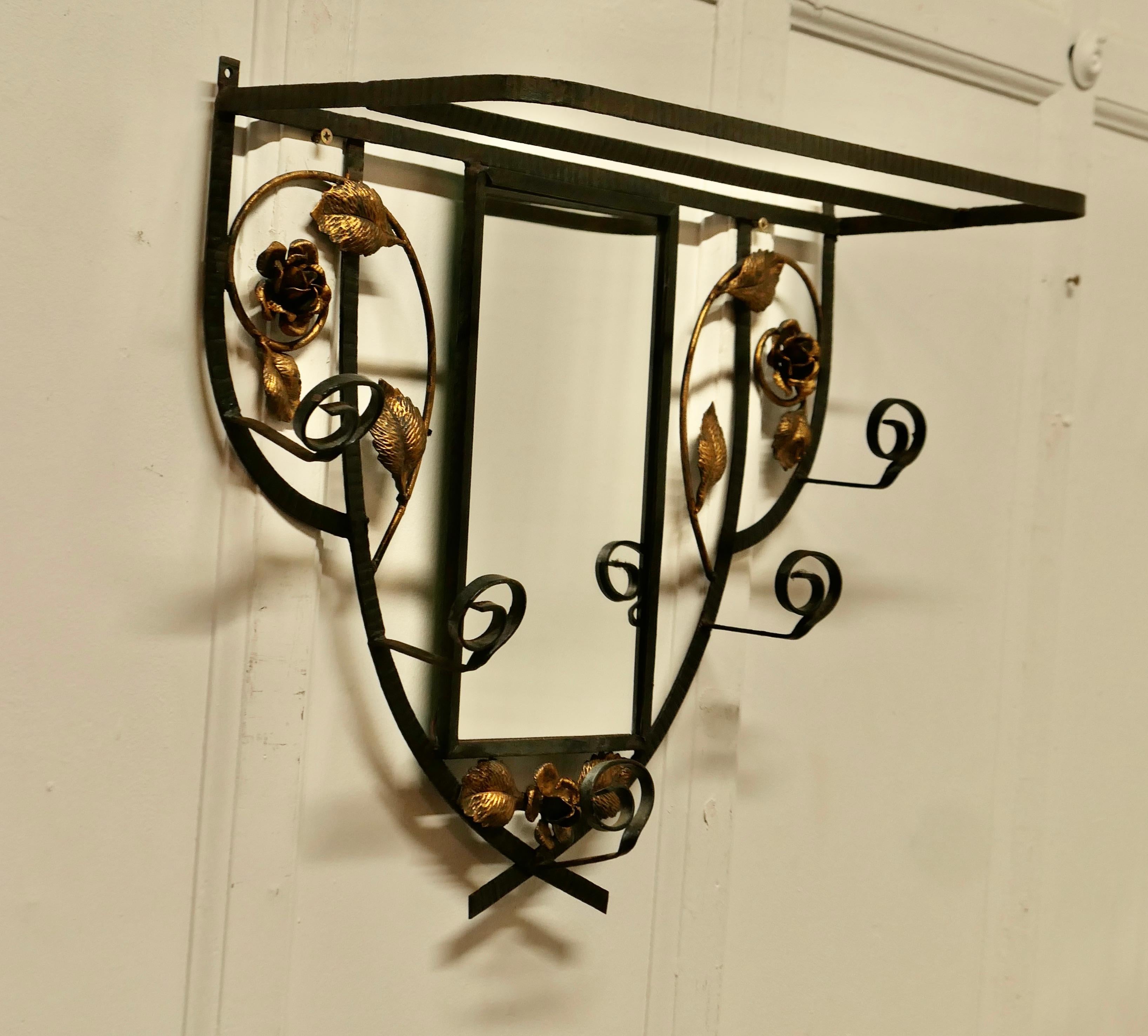 French Iron and Gilt Hall Coat Hooks with Mirror     1