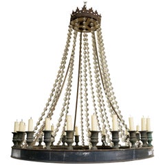 French Iron and Glass Bead Candle Chandelier, circa 1850
