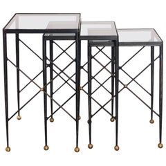 French Iron and Glass Nesting Tables in the Manner of Jean Royère, 1950s