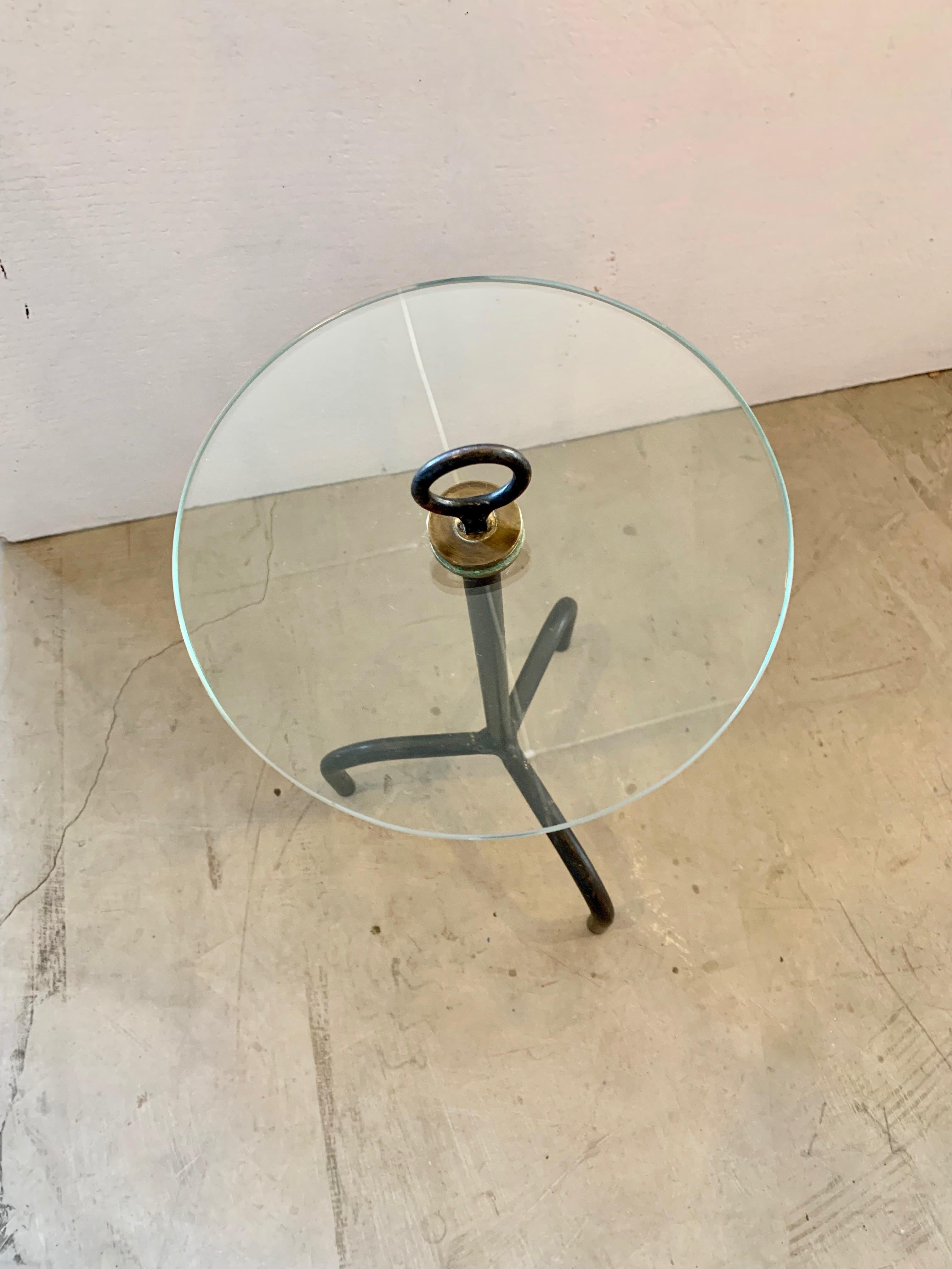 Brass French Iron and Glass Tripod Cocktail Table