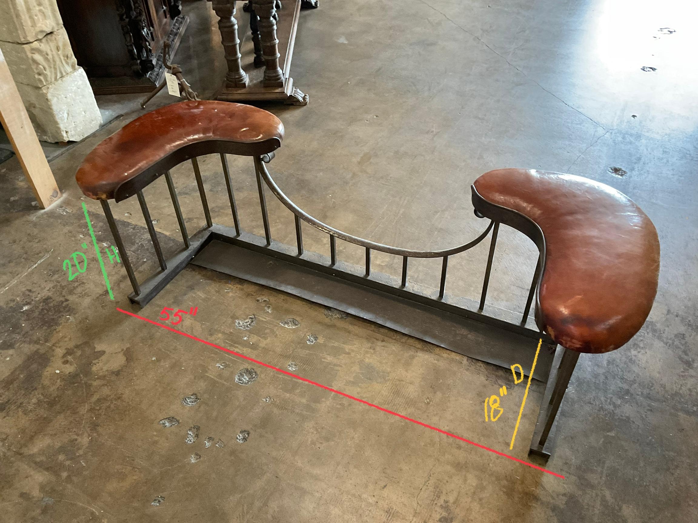 French Iron and Leather Fender Bench 2