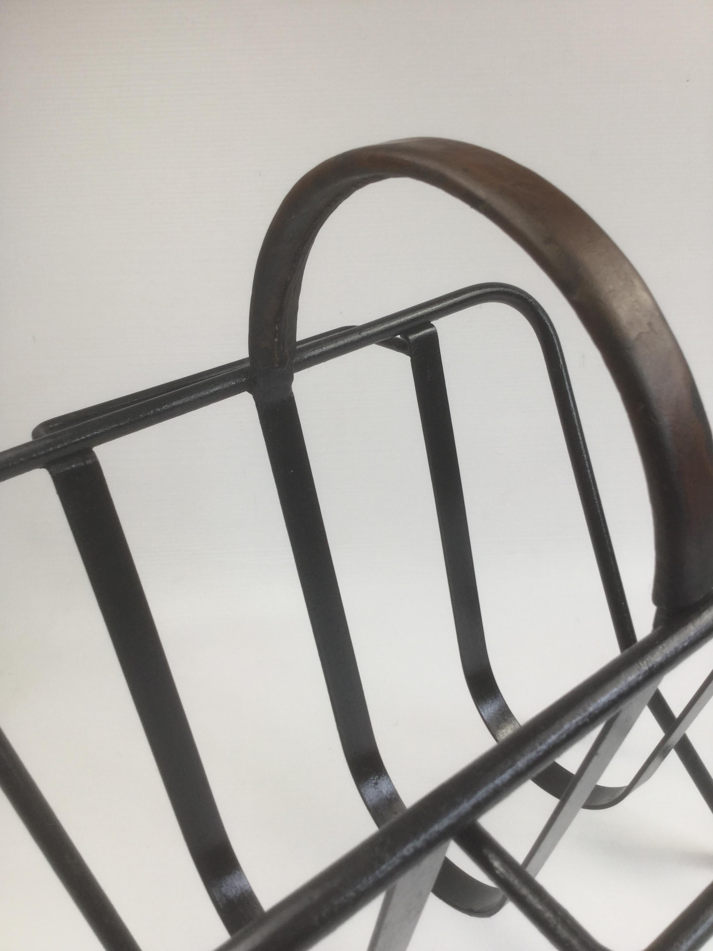 Mid-Century Modern Iron and Leather Magazine Rack in a Manner of Jacques Adnet, France, 1950s For Sale