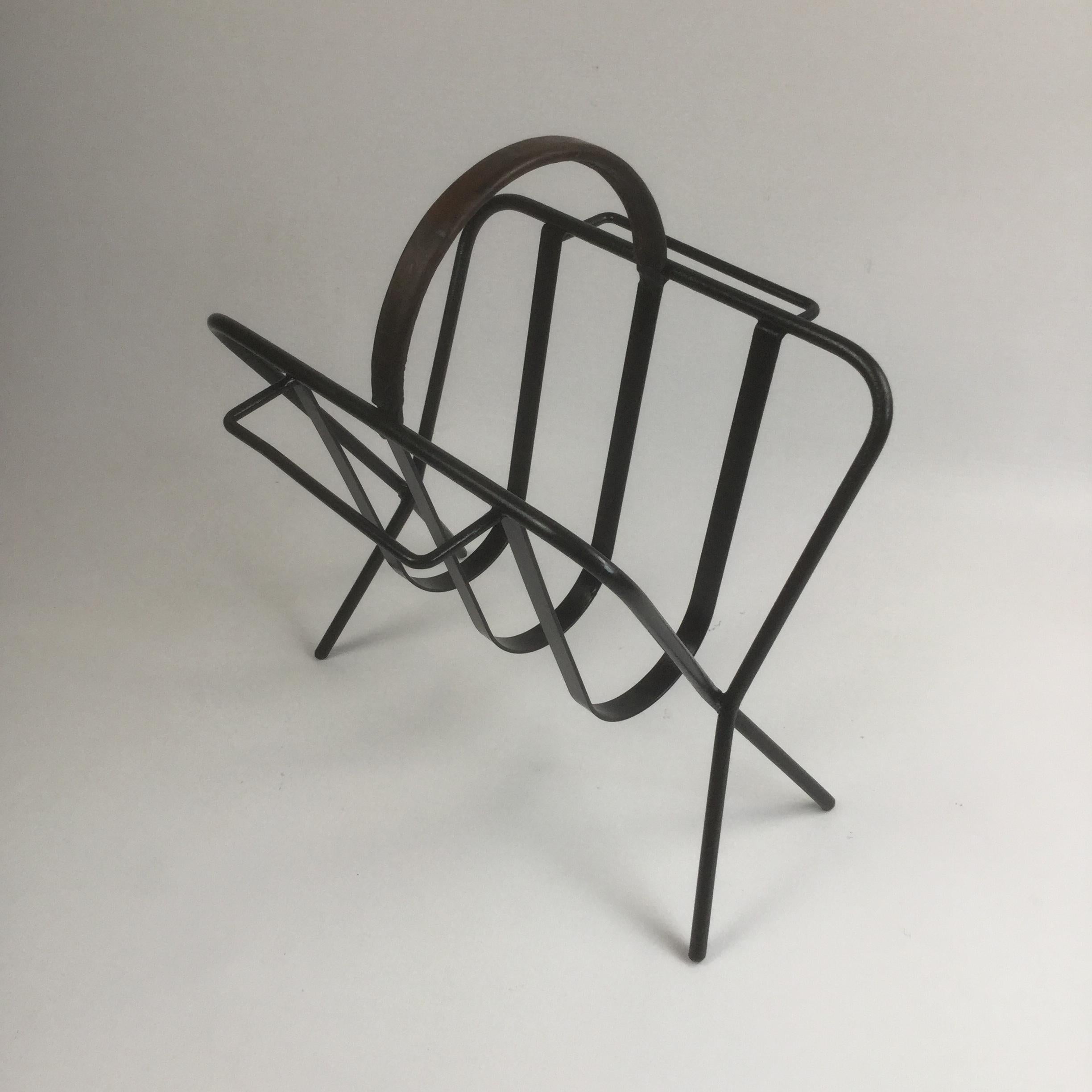 Hand-Crafted Iron and Leather Magazine Rack in a Manner of Jacques Adnet, France, 1950s For Sale