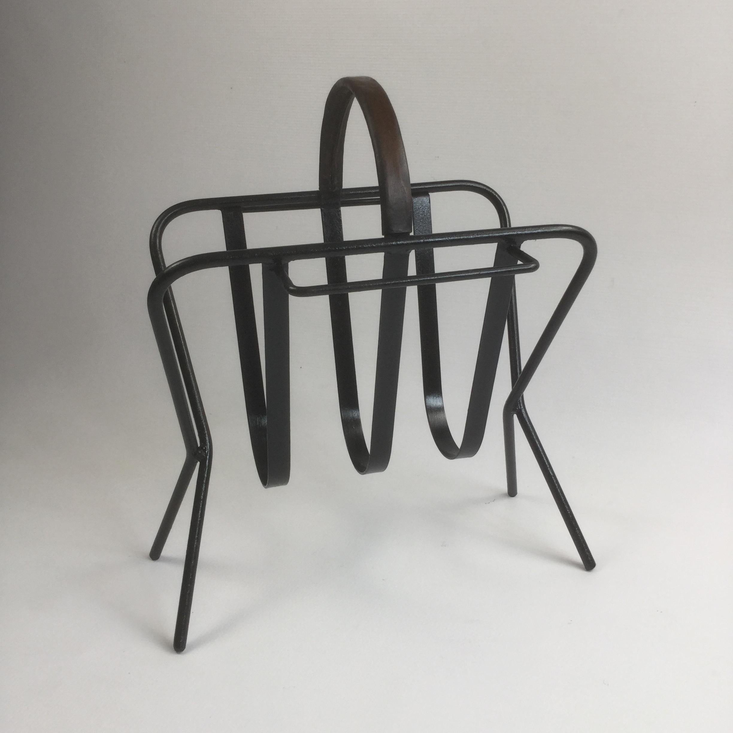 Iron and Leather Magazine Rack in a Manner of Jacques Adnet, France, 1950s In Good Condition For Sale In London, GB