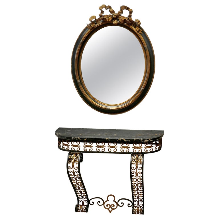 French Iron and Marble Console Table with Matching Mirror For Sale