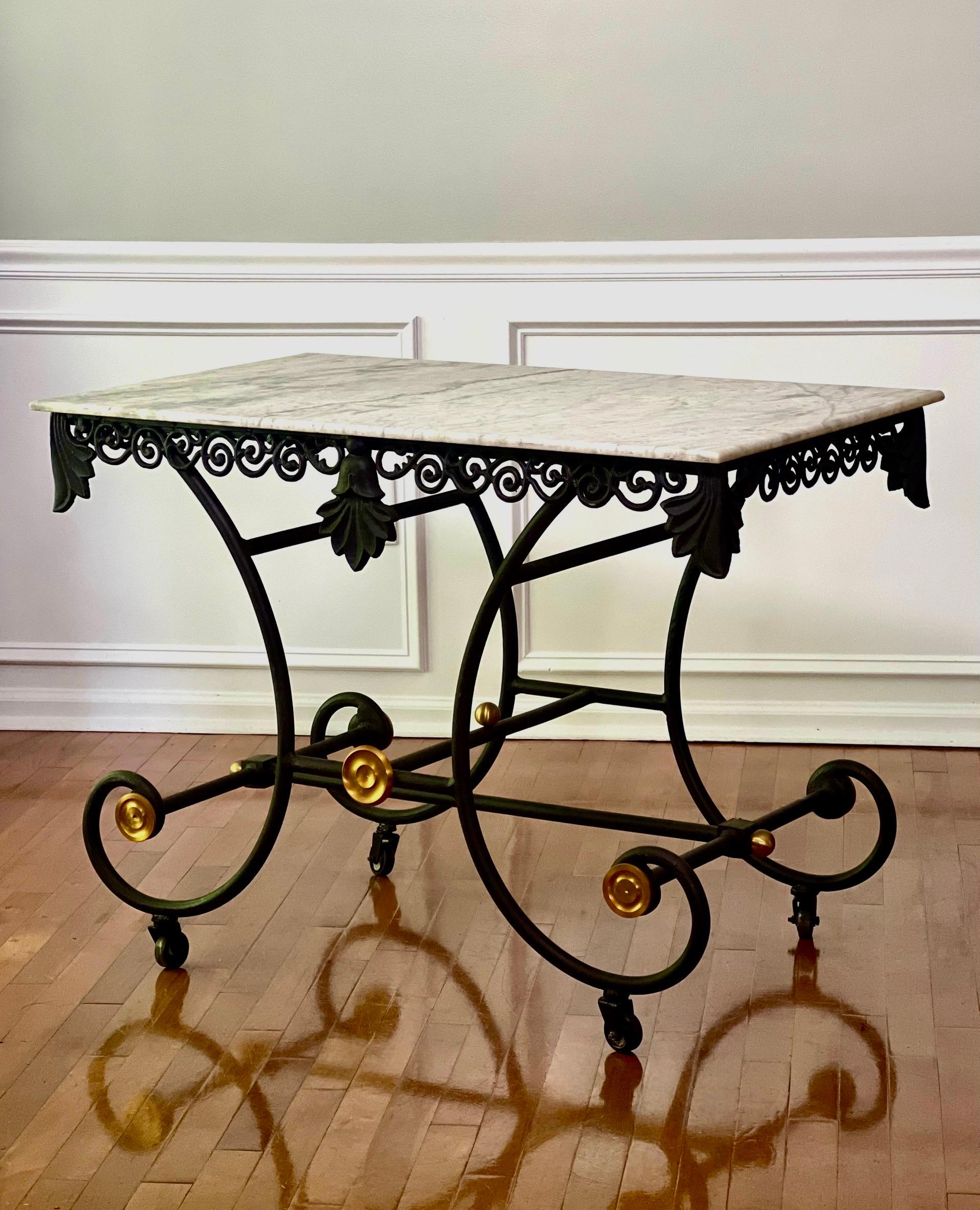 French Provincial French Iron and Marble Baker’s Pastry Table on Casters, Mid 20th Century