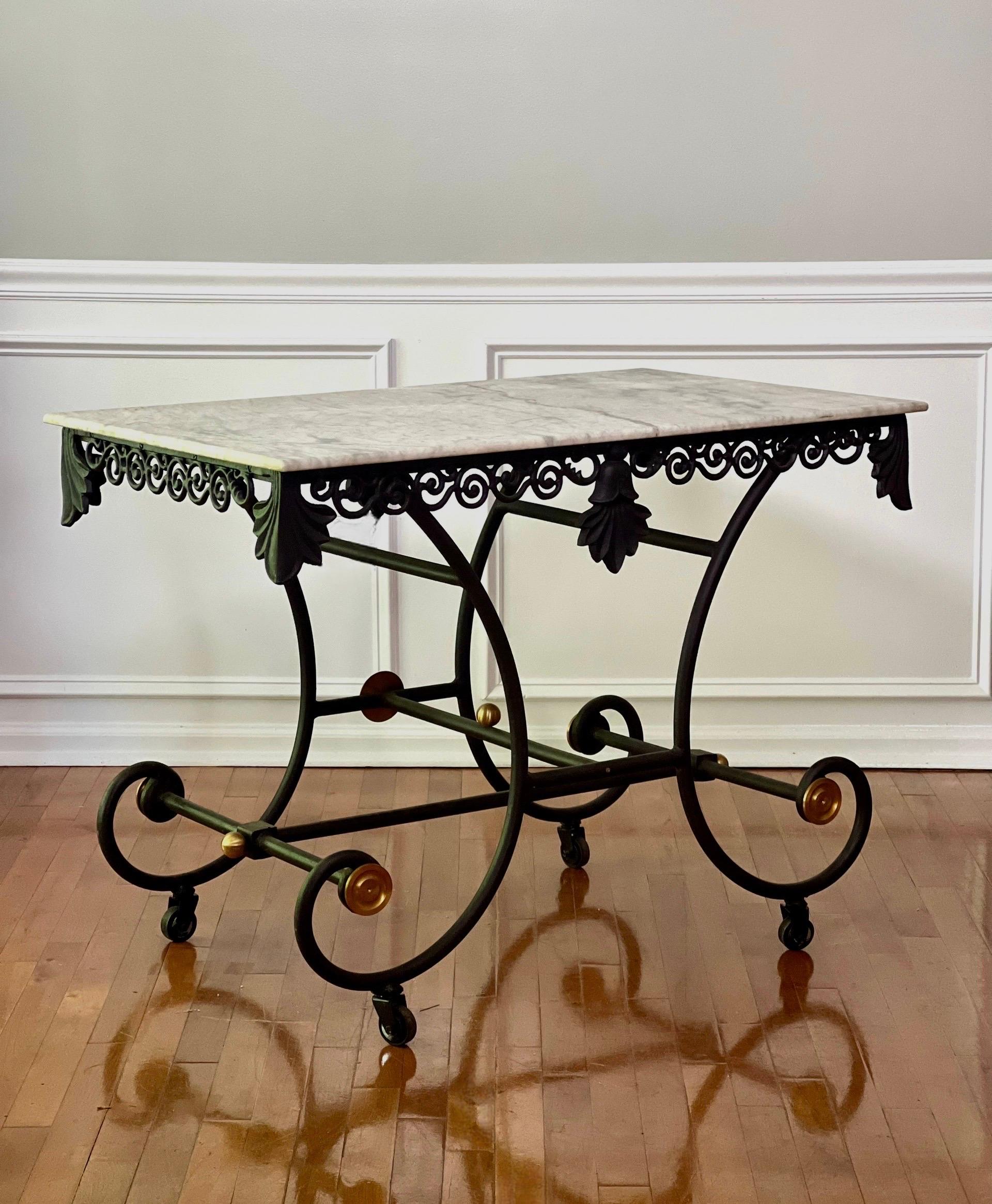 French Iron and Marble Baker�’s Pastry Table on Casters, Mid 20th Century In Good Condition In Doylestown, PA