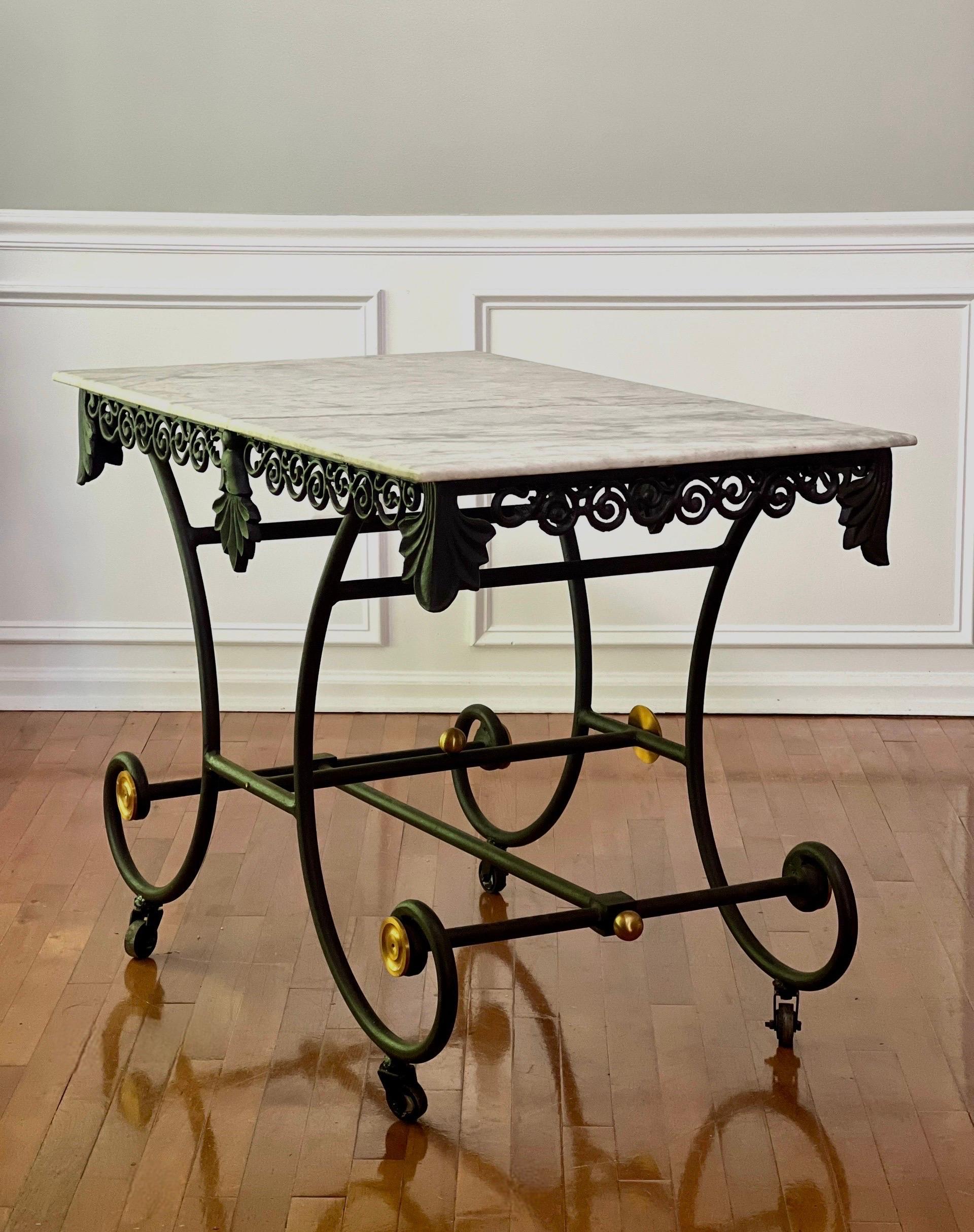 Brass French Iron and Marble Baker’s Pastry Table on Casters, Mid 20th Century