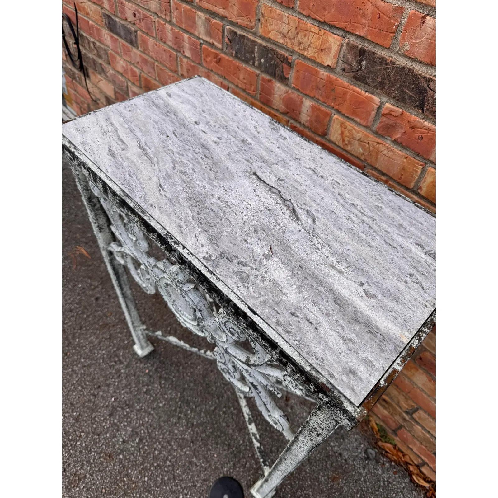 Stone French Iron and Marble Small Console Table For Sale
