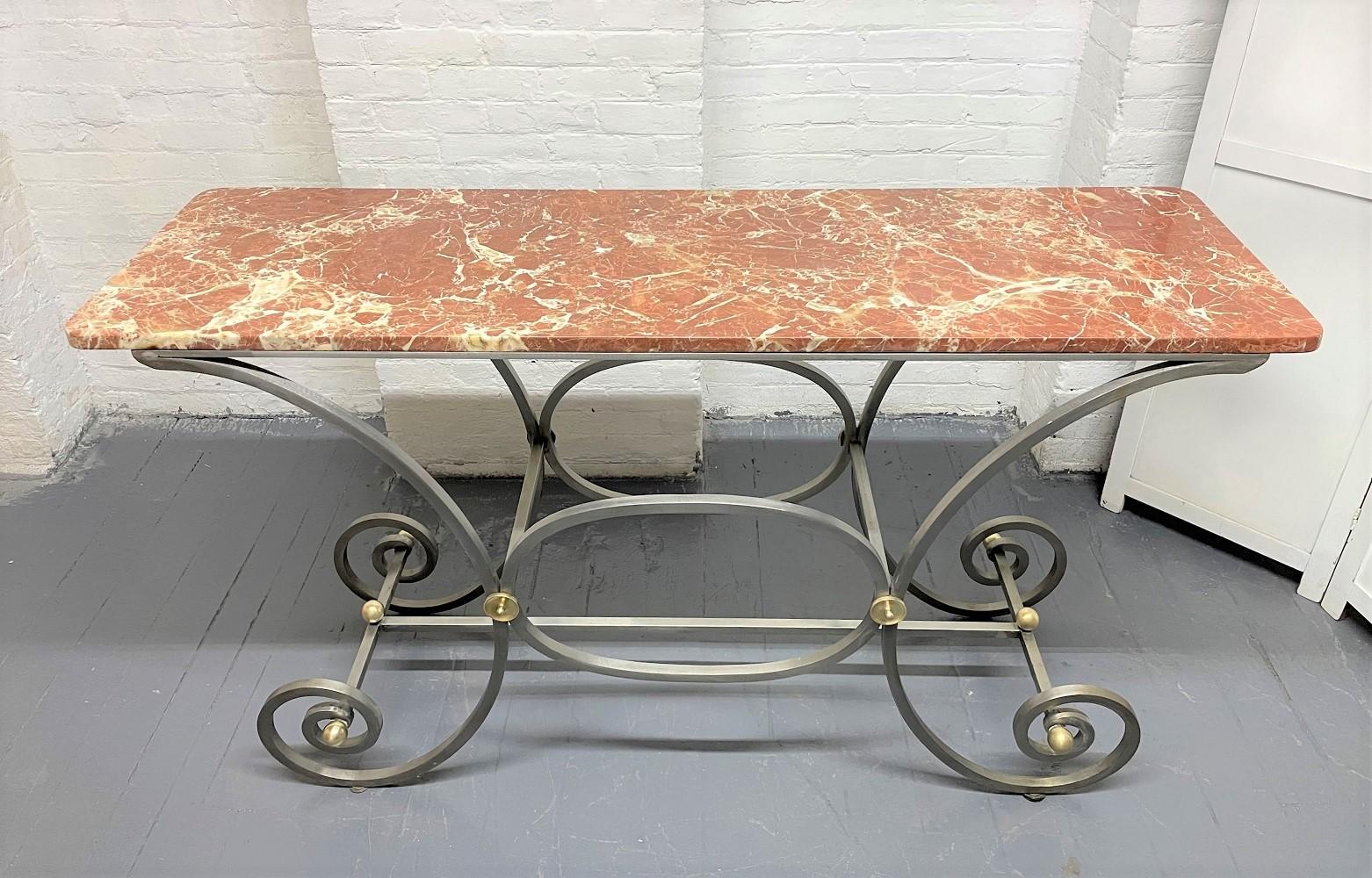 Hollywood Regency French Iron and Marble-Top Console For Sale